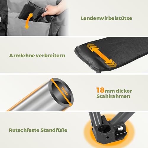 Detalle 2 de Homecall Campingstuhl Faltbar bis 150 kg – Angelstuhl 108 cm, Grau (2 Stück)