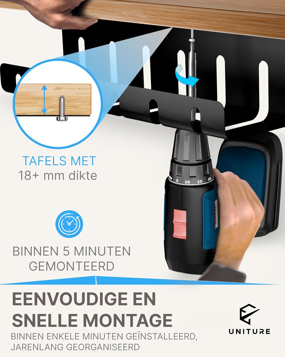 Detalle 2 de UNITURE HU-XI-36 kabelgoot voor bureau, zwart metaal, set van 2