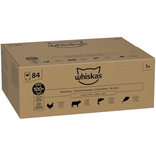 Detalle 2 de Whiskas Cibo Umido per Gatti Adulti in Gelatina – Selezione Assortita, 84 Bustine da 85 g (Totale 7.140 g)