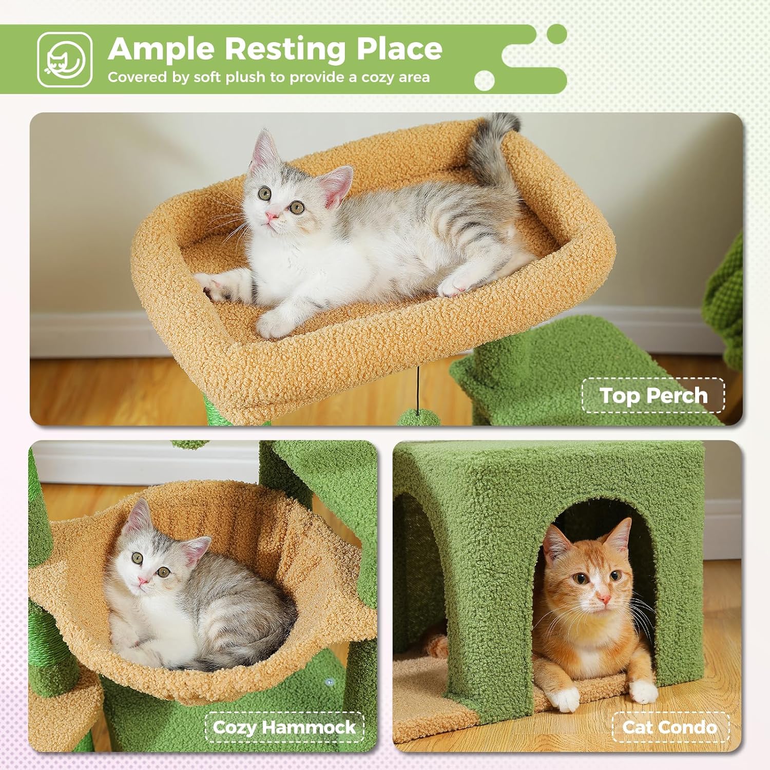 Detalle 2 de PAWZ Road Cactus Cat Tree for Indoor Cats – 90cm with Large Condo, Hammock & Perch