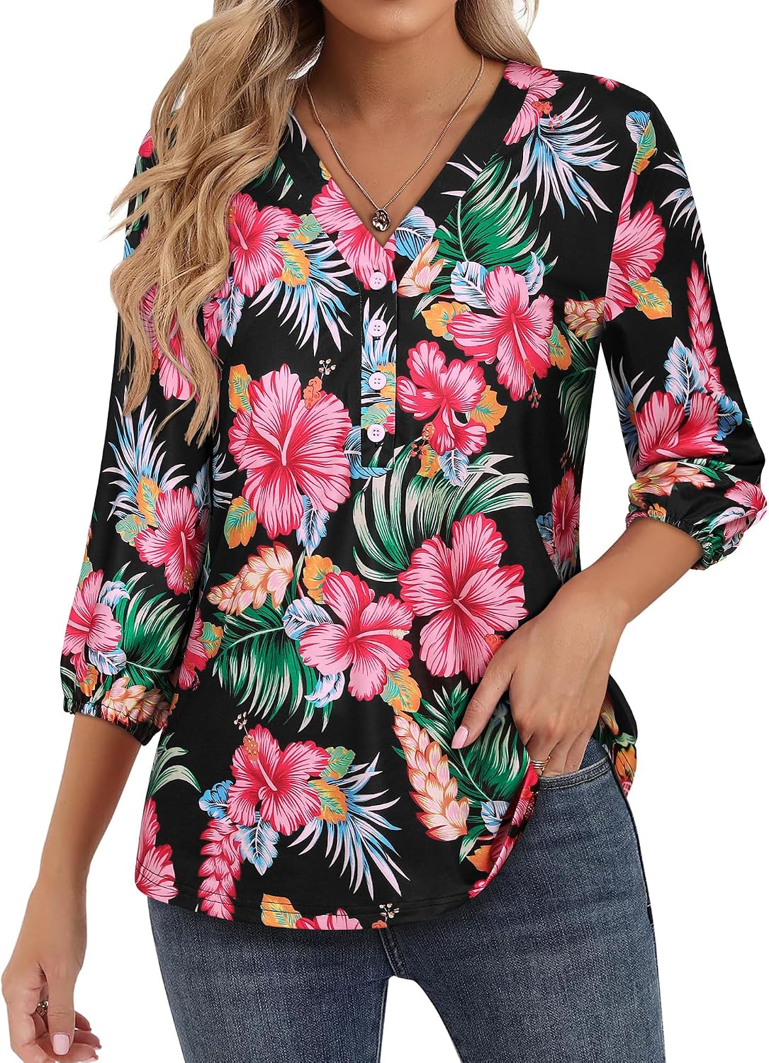 Detalle 2 de WIEIYM 3/4 Sleeve Floral V‑Neck Blouse 🌺