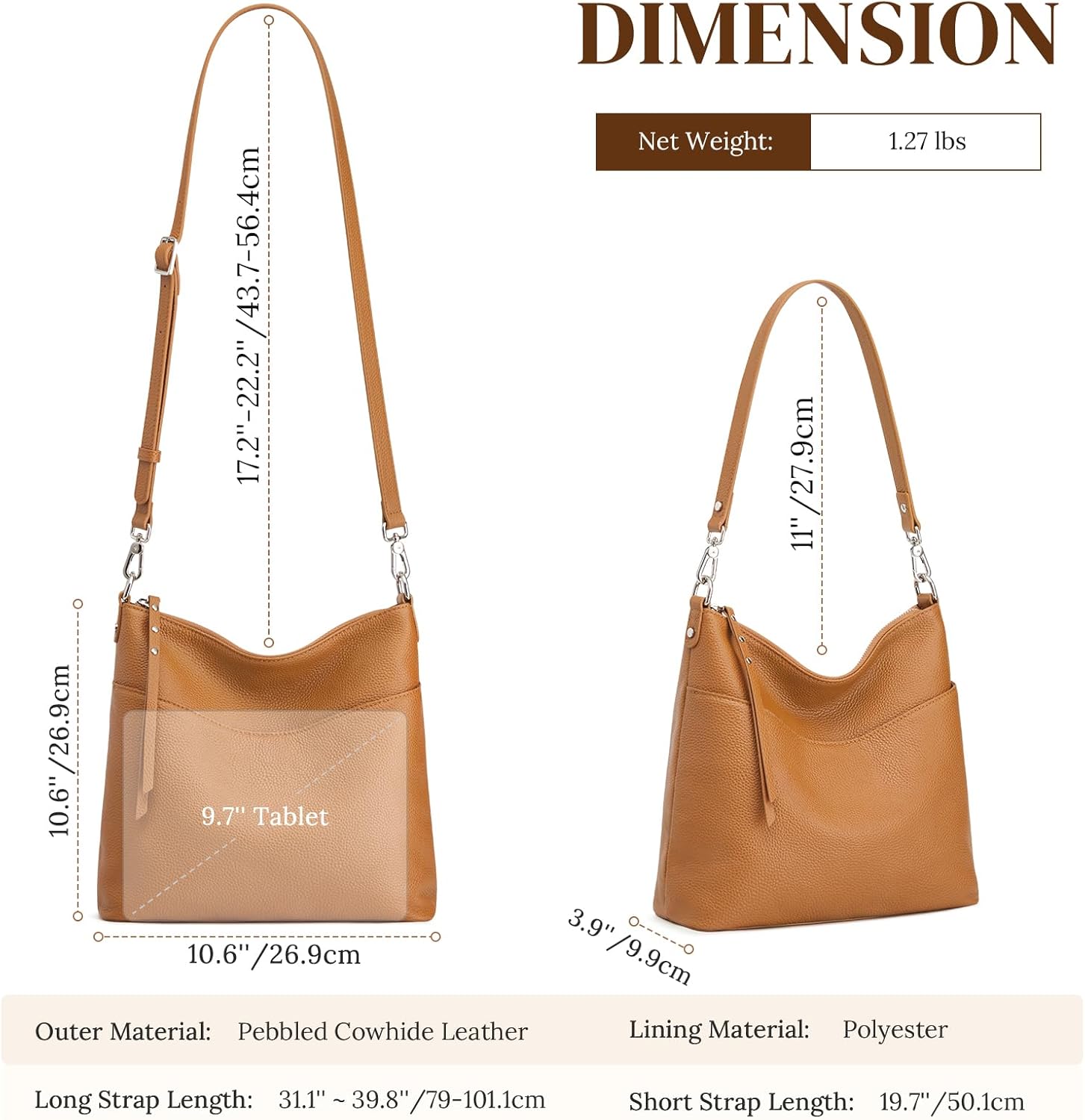 Thumbnail 3 de S-ZONE Leather Tote Bag for Women: Medium Crossbody with 2 Removable Straps