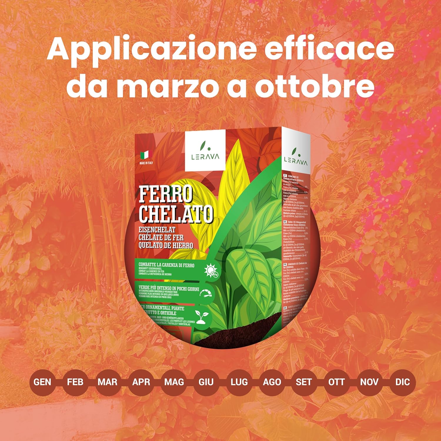 Detalle 2 de LERAVA Ferro Chelato per Piante (4x200 g) Rinverdente: clorosi ferrica e fertiliazione verde