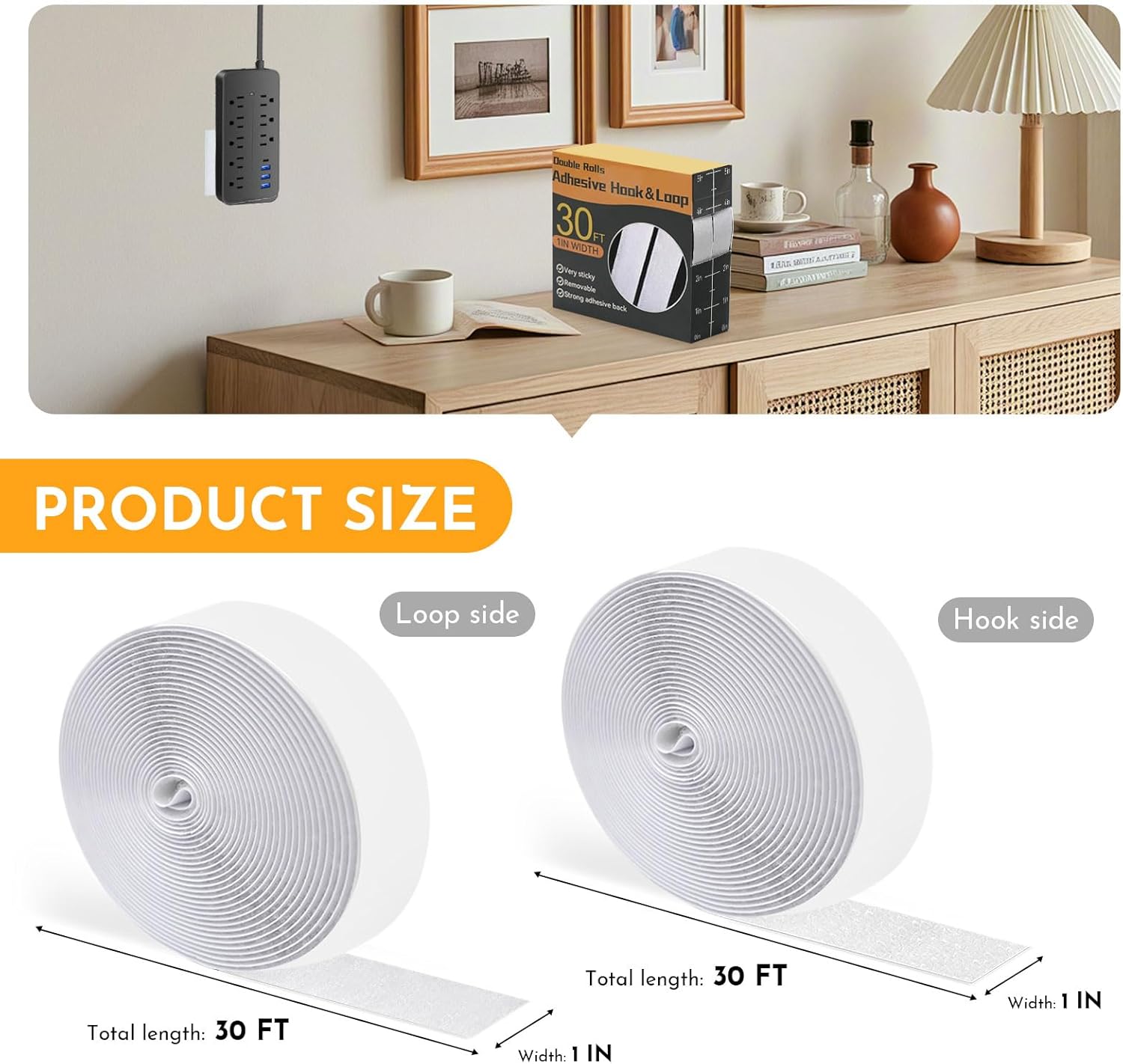 Thumbnail 2 de 9m x 25mm White Double-Sided Hook and Loop Tape (Extra Strong, Self-Adhesive)