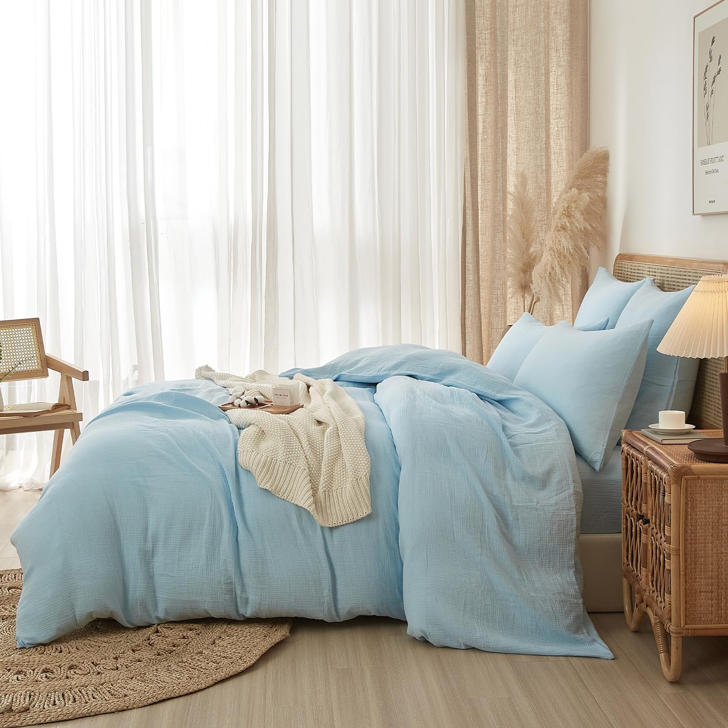 Thumbnail 4 de Luofanfei Housse de Couette en Gaze de Coton 240 x 220 cm – Bleuet Clair, Ensemble 2 Personnes + 2 Taies 65 x 65 cm
