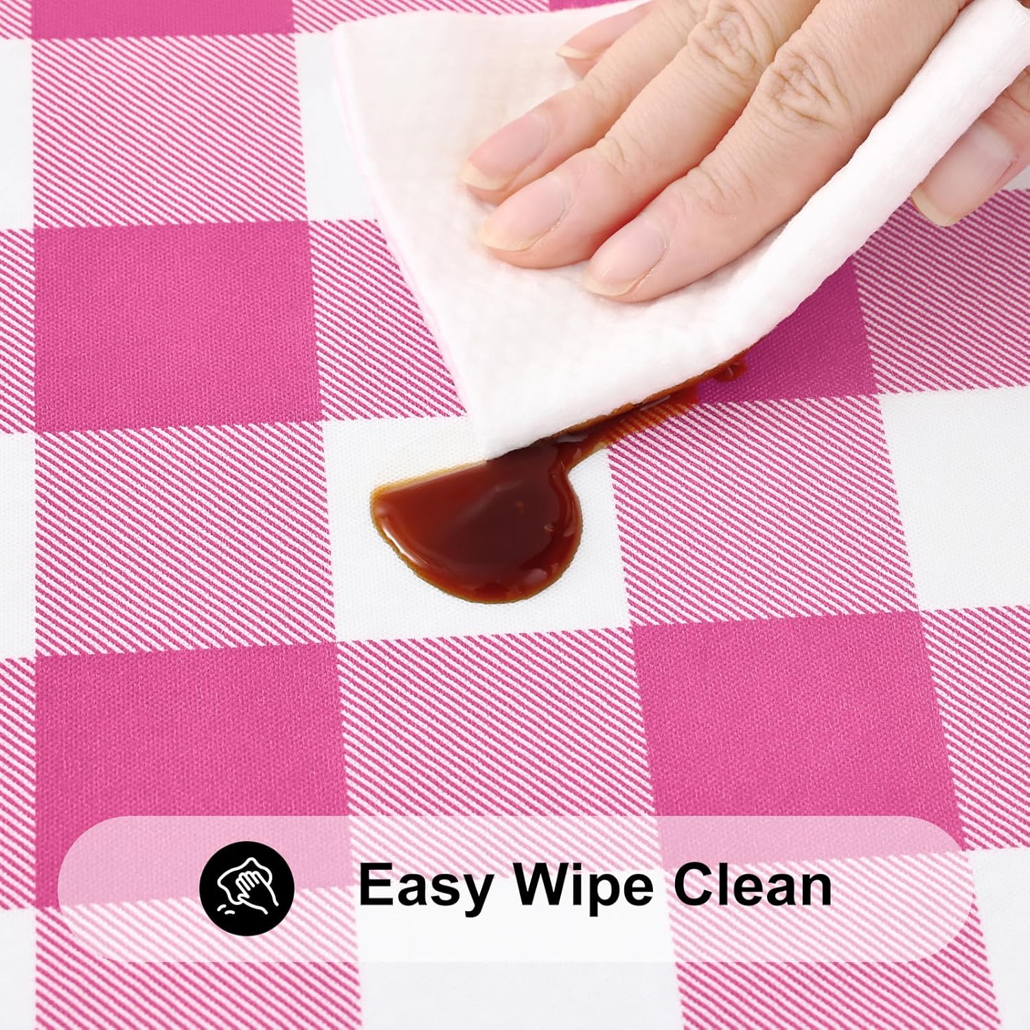 Thumbnail 3 de Smiry Round Picnic Tablecloth — Elastic Waterproof Fitted Vinyl with Flannel Back, Buffalo Plaid (White & Hot Pink), 45-56 inch Tables