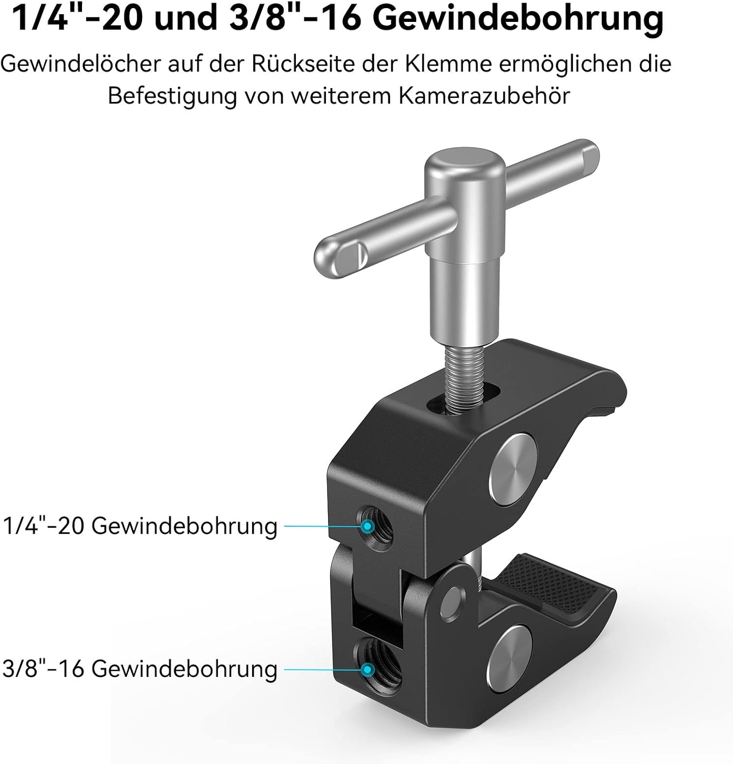 Detalle de SMALLRIG Super Clamp Stativ-Klemme mit 1/4- und 3/8-Gewinde (Aluminium) – universelle Befestigung für DSLR-Rigs