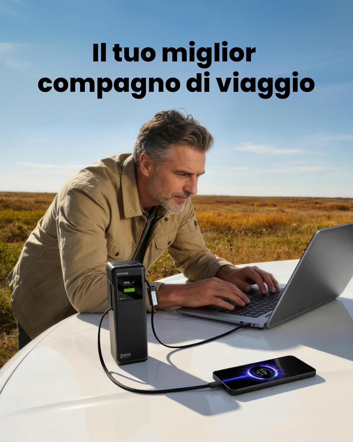 Detalle 2 de SHARGE Power Bank Portatile HyperTower 170W: Batteria da 25000mAh con 4 uscite indipendenti e cavi USB-C integrati
