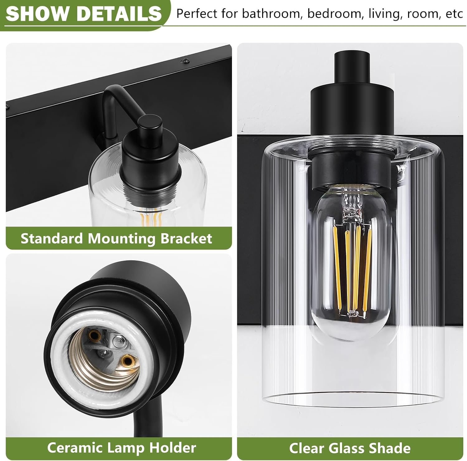 Thumbnail 2 de Dpyrrhic JD-12 3-Light Vanity Fixture, Matte Black with Clear Glass Shades