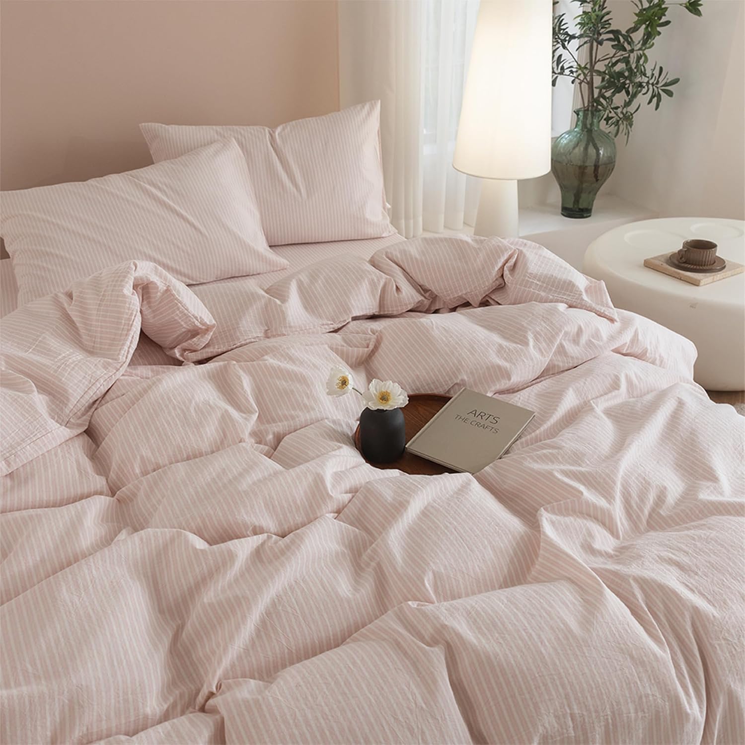 Thumbnail 4 de JIYUAN Twin Washed Cotton Duvet Cover Set with Linen-Like Pinstripes (2-Piece) — Includes Pillowcase, Hidden Zipper & 8 Corner Ties