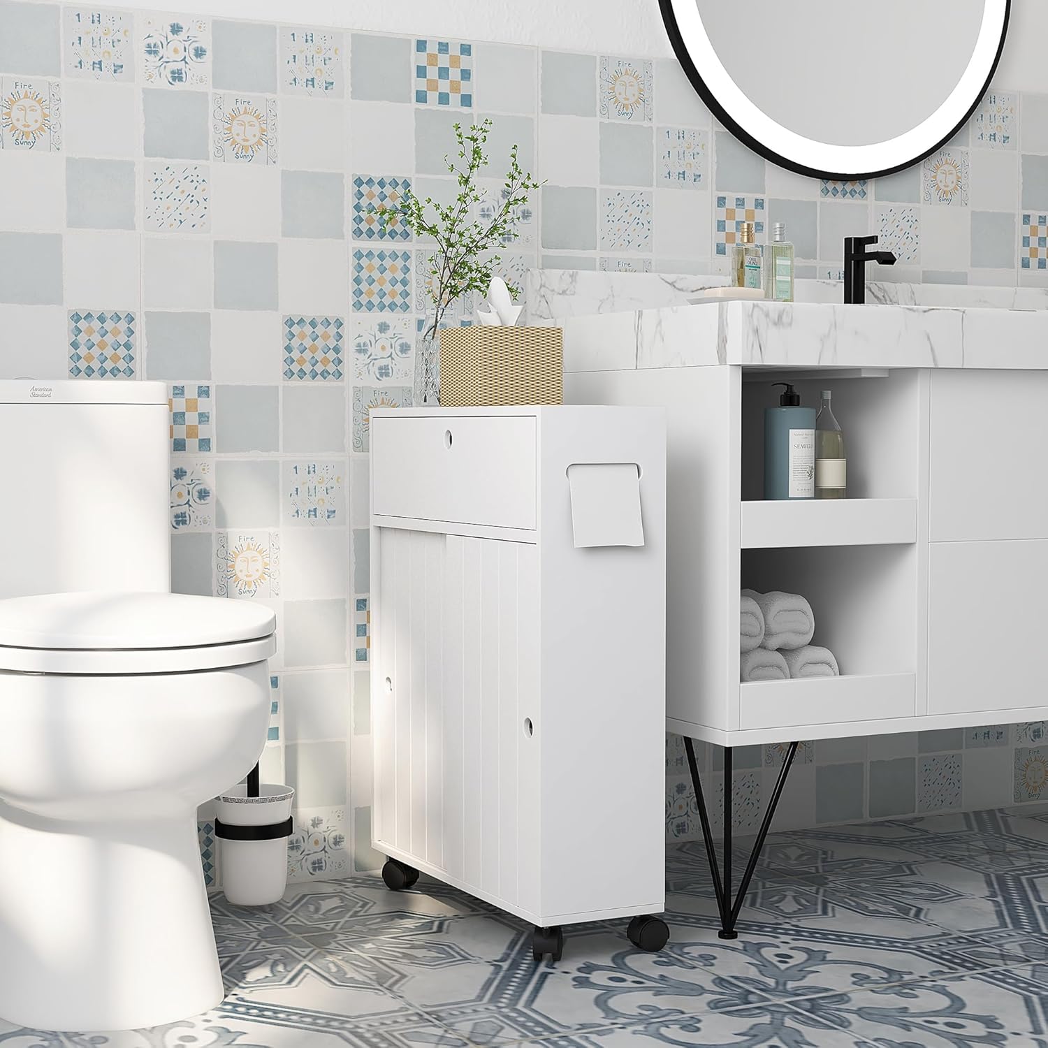 Thumbnail 1 de Kleankin Meuble de Rangement Salle de Bain – Meuble WC à portes coulissantes, 52 x 17 x 67 cm, Blanc