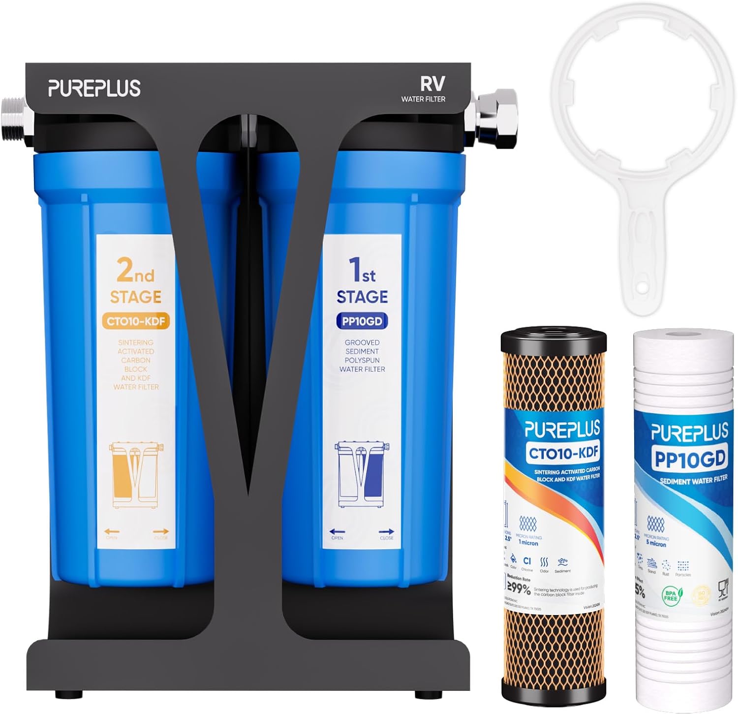 PUREPLUS RV Dual Stage Water Filter System with Grooved Sediment + KDF/Carbon Cartridges (3/4 in stainless fittings)