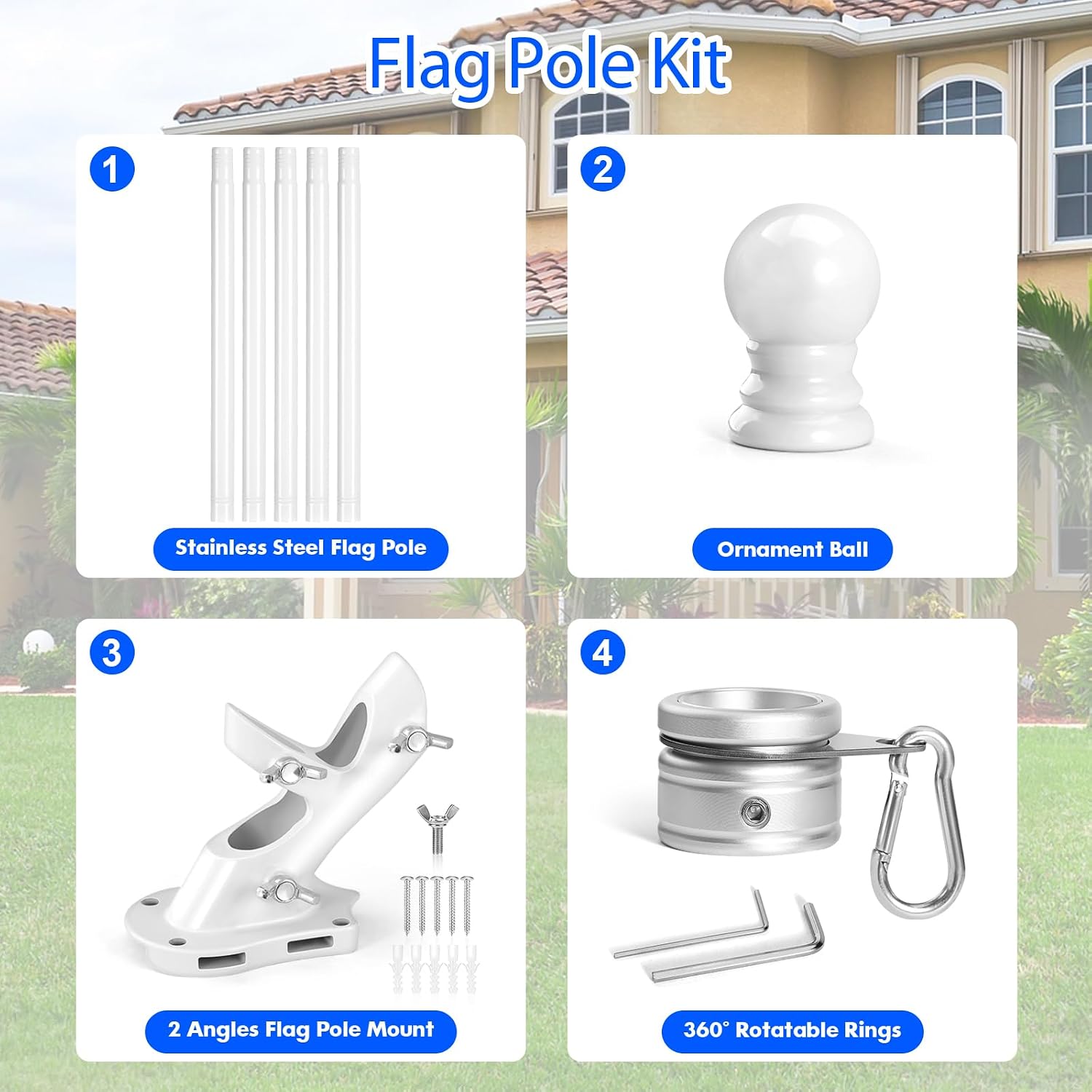 Detalle 2 de Anovo FP001 6 ft Stainless Steel Flag Pole Kit with 360° Rings