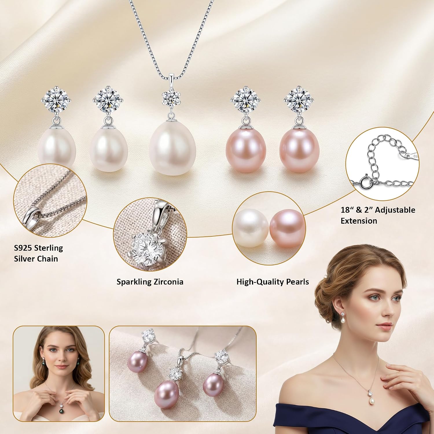 Detalle de COYATE Pearl Necklace and Earrings Set with 925 Sterling Silver Clasps
