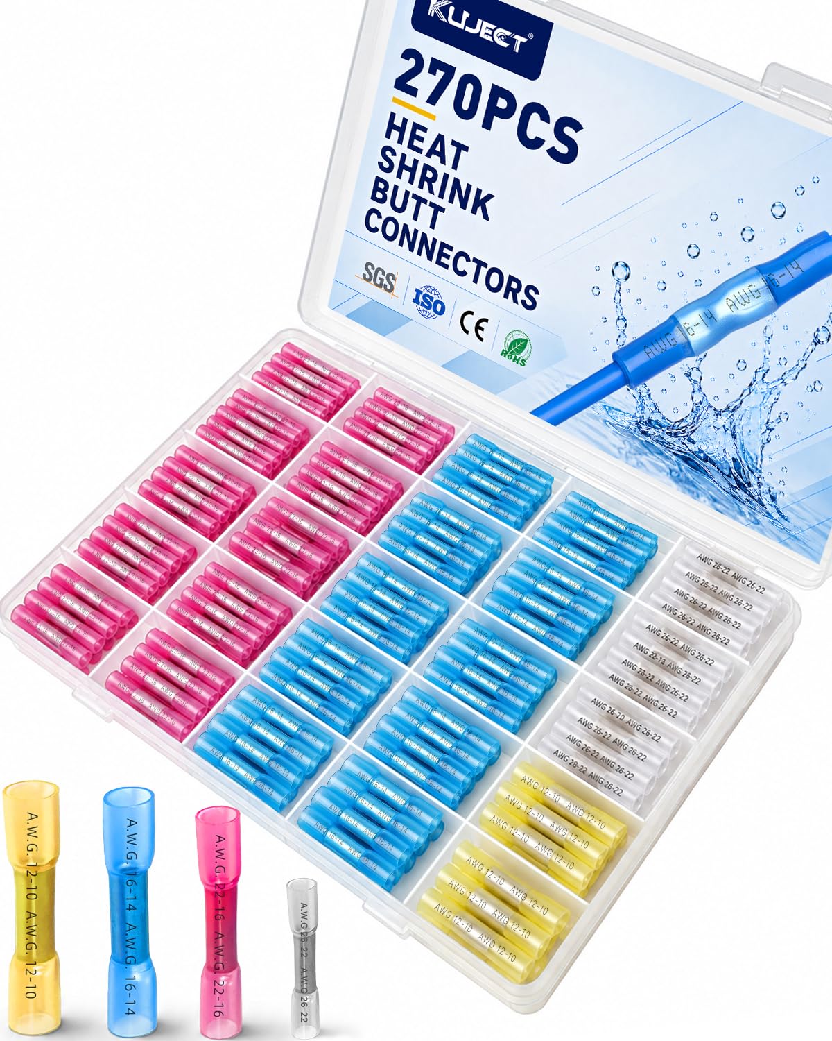 Detalle de Kuject CC270 Heat Shrink Butt Connectors, 270-Piece Copper Wire Kit