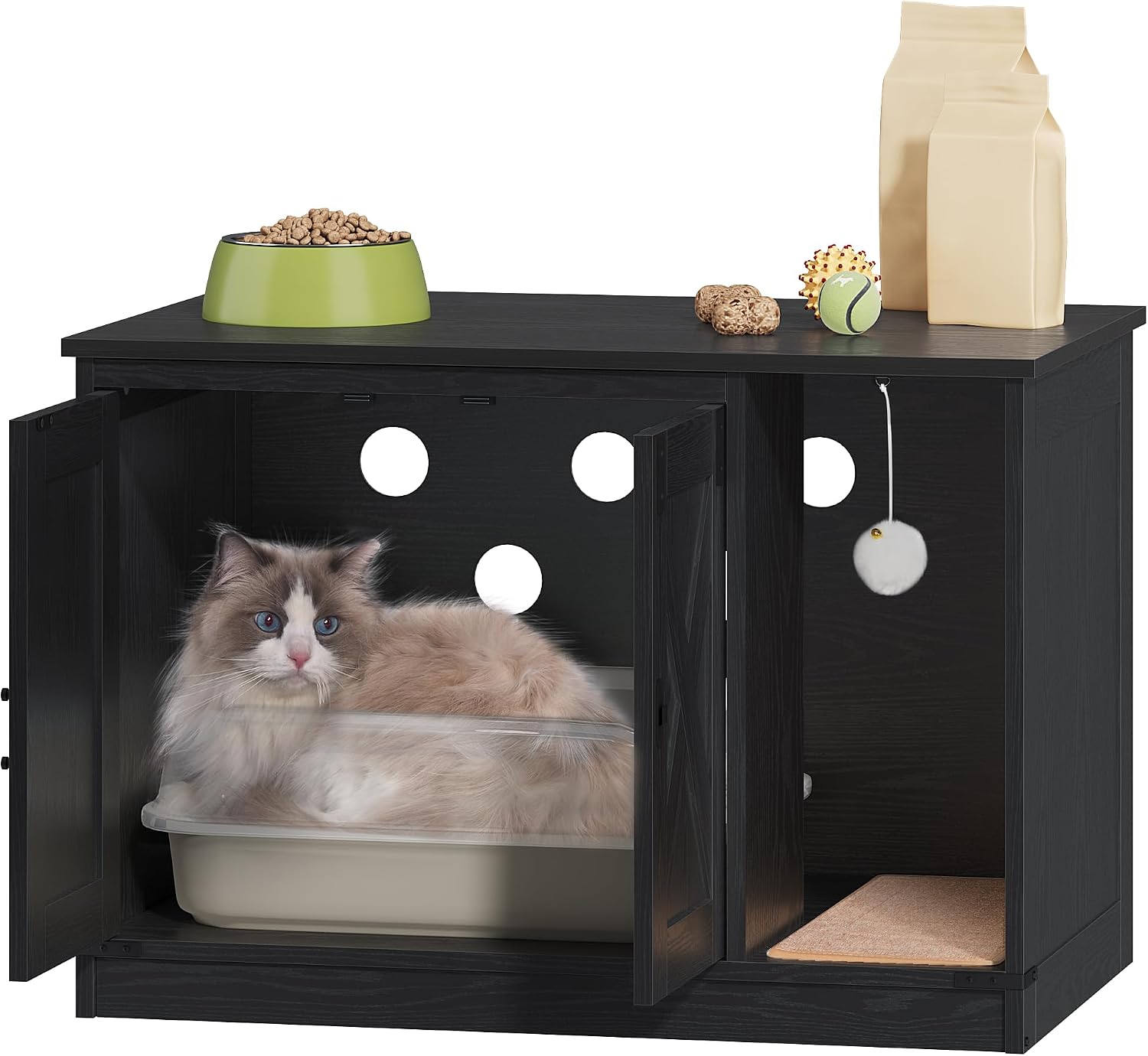 Detalle de Hzuaneri CB82404X Cat Litter Box Enclosure, Black Farmhouse Cabinet with Curved Entry