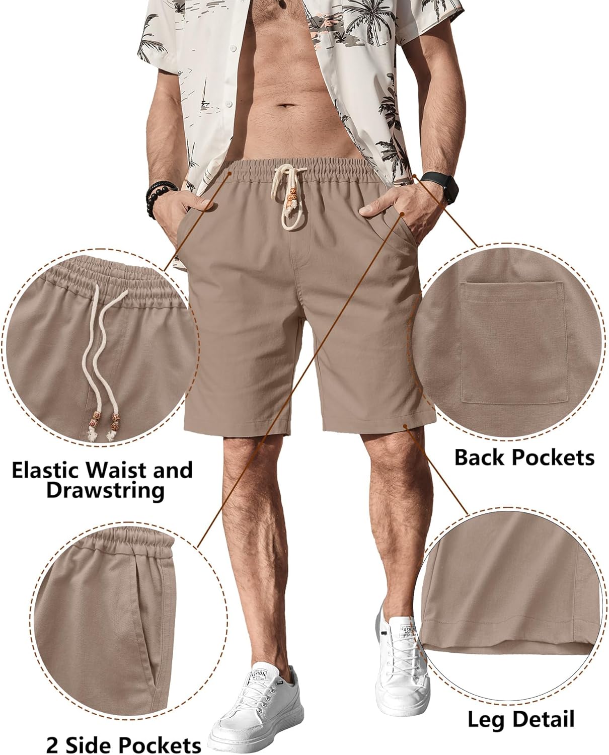 Thumbnail 3 de Comdecevis Men's Linen Shorts: Casual Elastic Waist Drawstring Summer Shorts with Pockets
