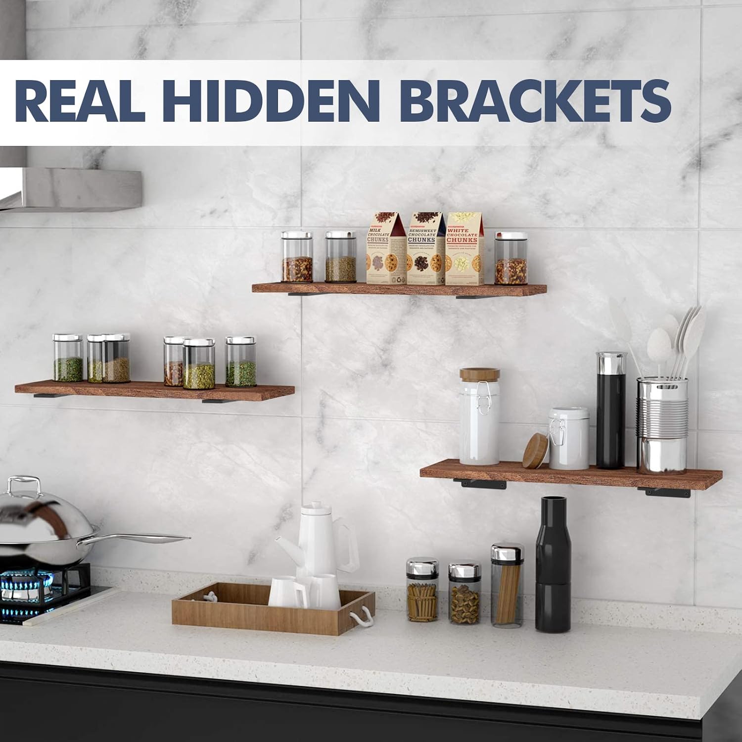 Thumbnail 2 de Starunder 8-Pack Floating Shelf Brackets (4 Inch) — Black Hidden Metal L Brackets for DIY Shelves