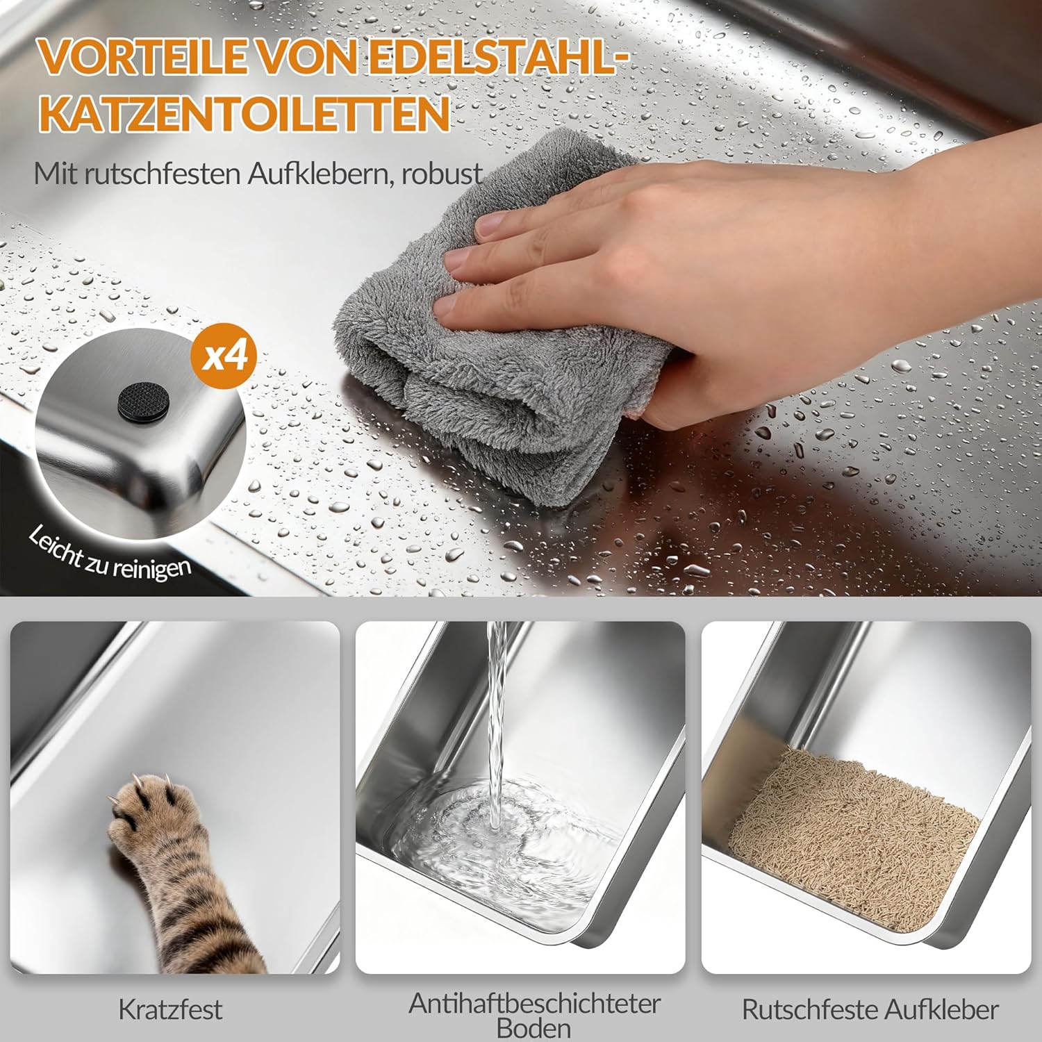 Thumbnail 2 de Fobyfurny Katzenklo aus Edelstahl mit Deckel (XL, 60 x 40 x 38 cm) – geschlossen mit Trittstufe, Schaufel und zwei Eingängen