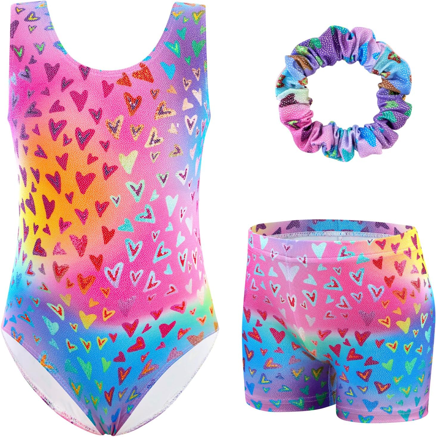 Thumbnail 1 de XiaoMoSha Girls Three-Piece Gymnastics Leotards Set (Sleeveless Leotard, Shorts & Hairband) for Kids 3–12