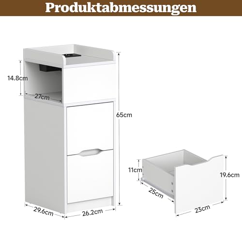 Detalle de Quikraen Nachttisch Schmal mit Steckdose und LED – Weiß, 26.2x29.6x65 cm
