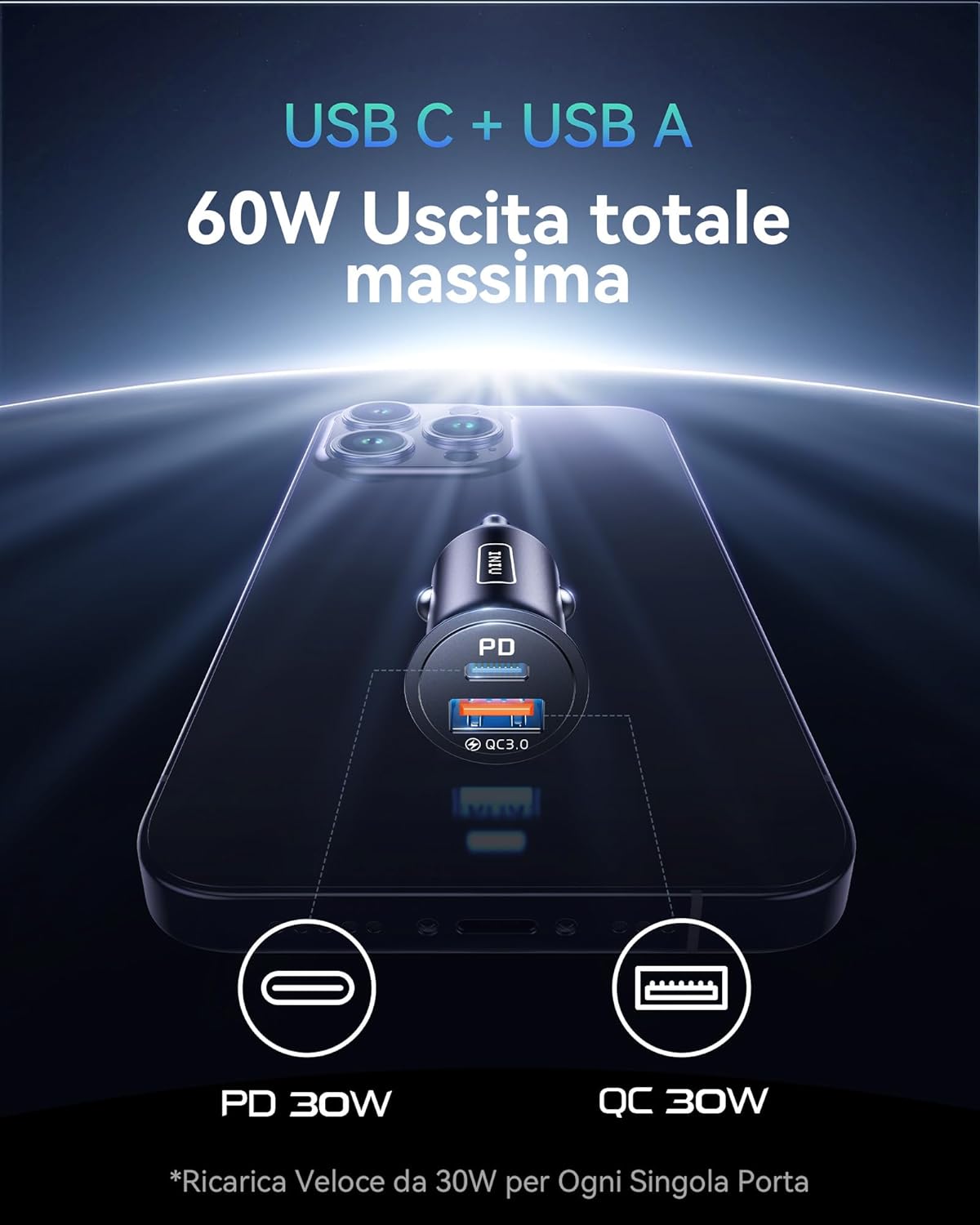 Thumbnail 1 de INIU caricatore auto 60W con USB-C PD e QC 3.0, doppia porta per ricarica rapida