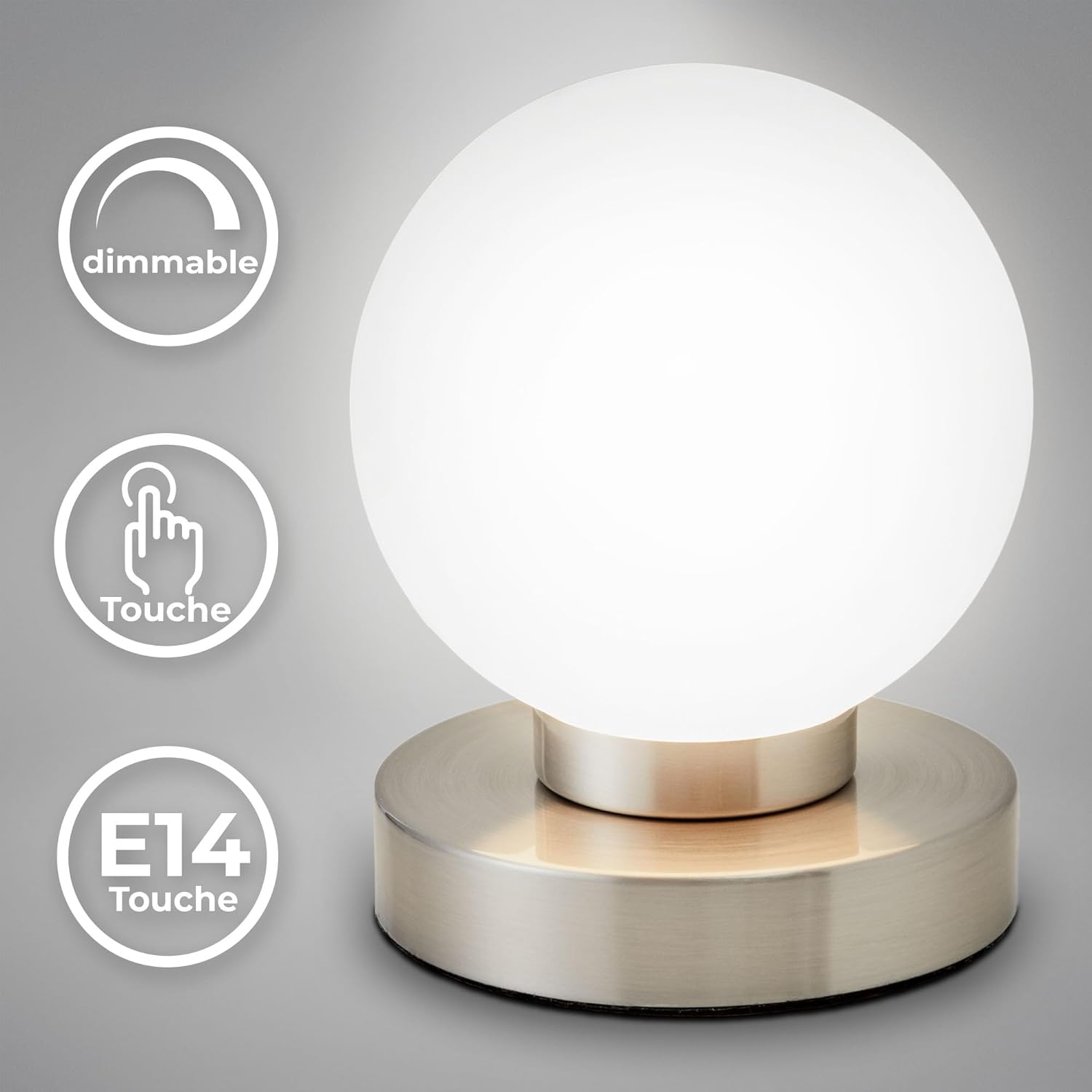 Thumbnail 1 de B.K.Licht Nachttischlampe mit Touch – dimmbar, E14, Glaskugel Weiß, matt-nickel