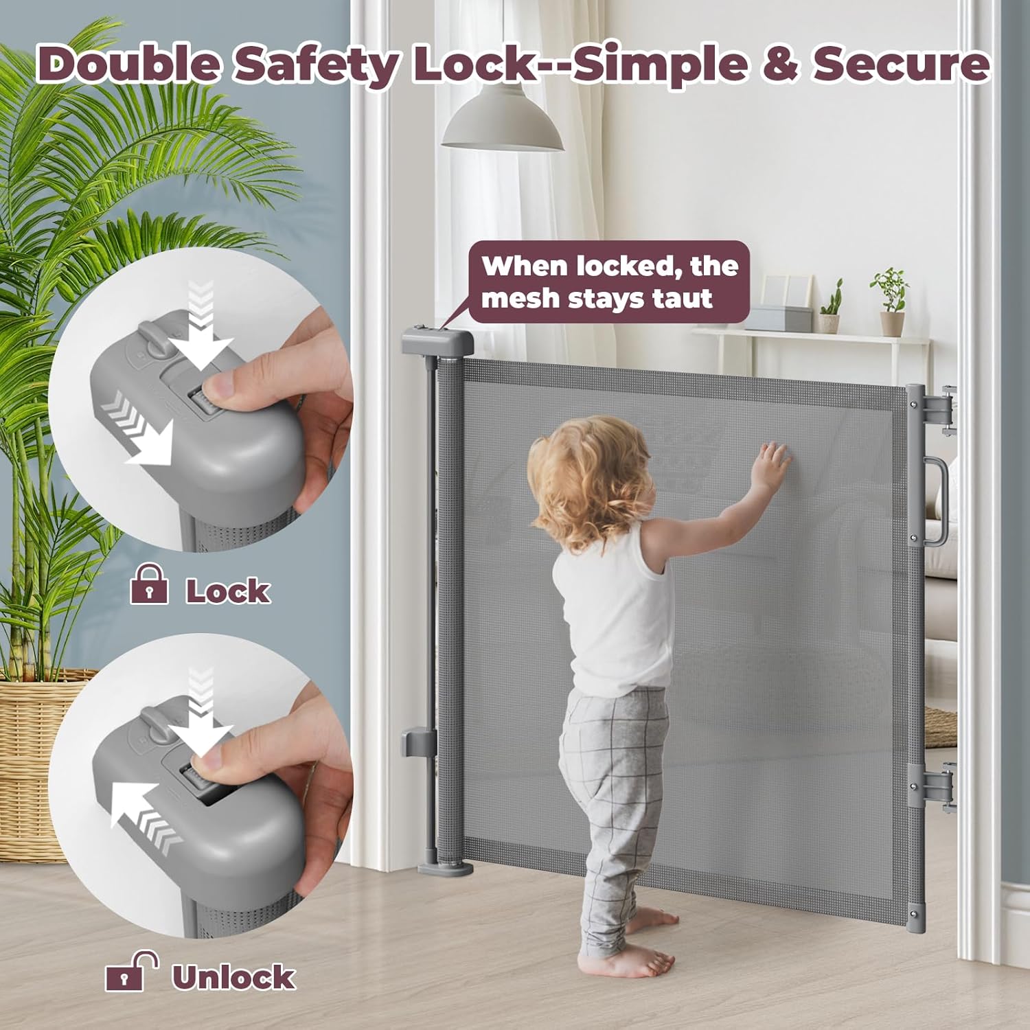 Thumbnail 3 de Cideny Retractable Baby Gate for Stairs & Doorways — 55" Wide, 34" Tall Mesh Gate with One-Hand Operation