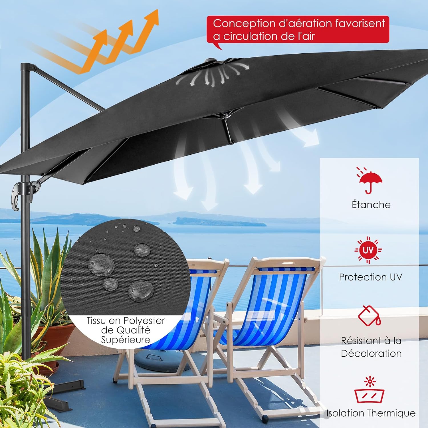 Thumbnail 4 de COSTWAY Parasol de Jardin Extérieur Déporté 3x3m – Inclinable, Rotation 360° et Toit Double Ventilation