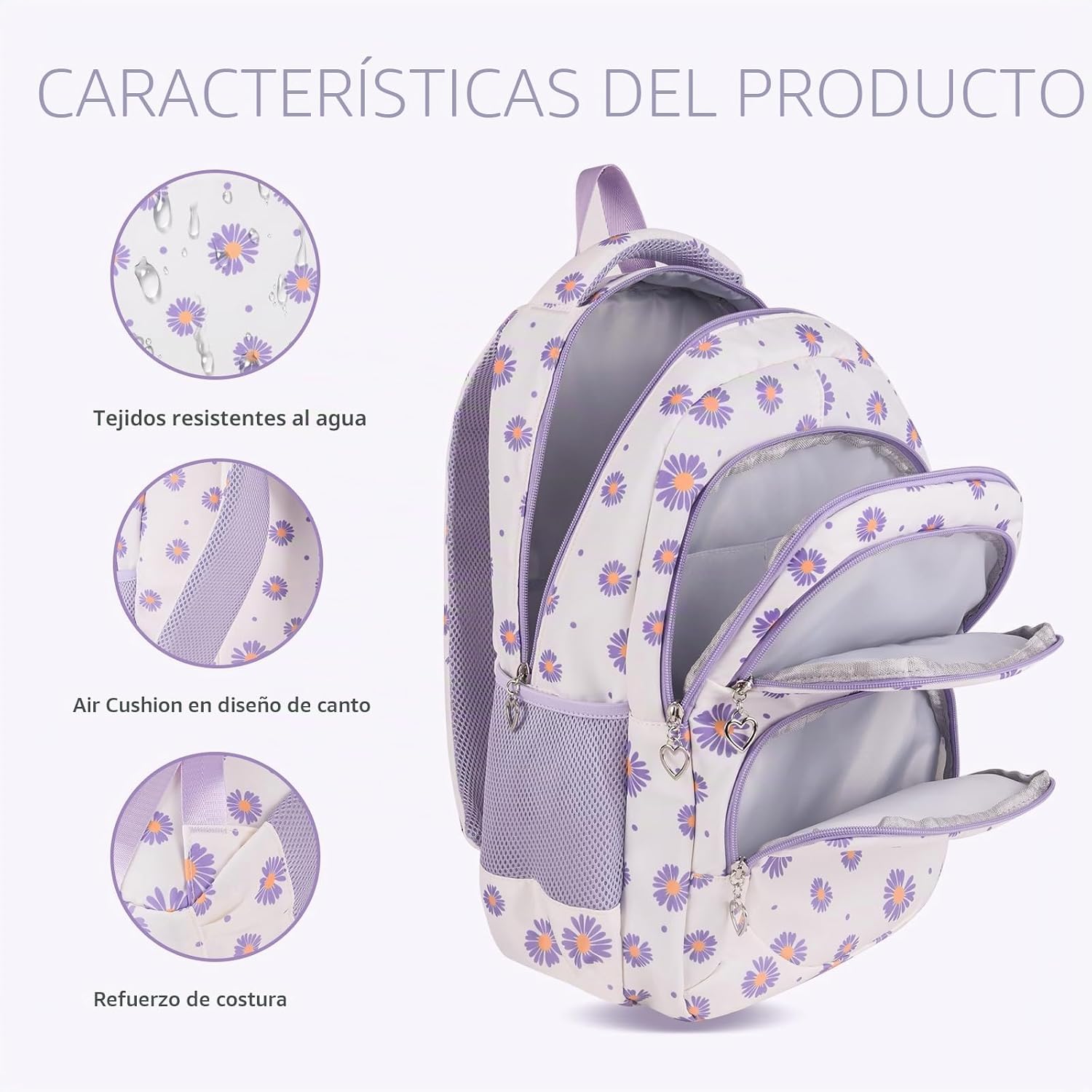 Detalle de SIVENKE Mochila Escolar para Niñas y Adolescentes – Beige con Bolsa para almuerzo y estuche