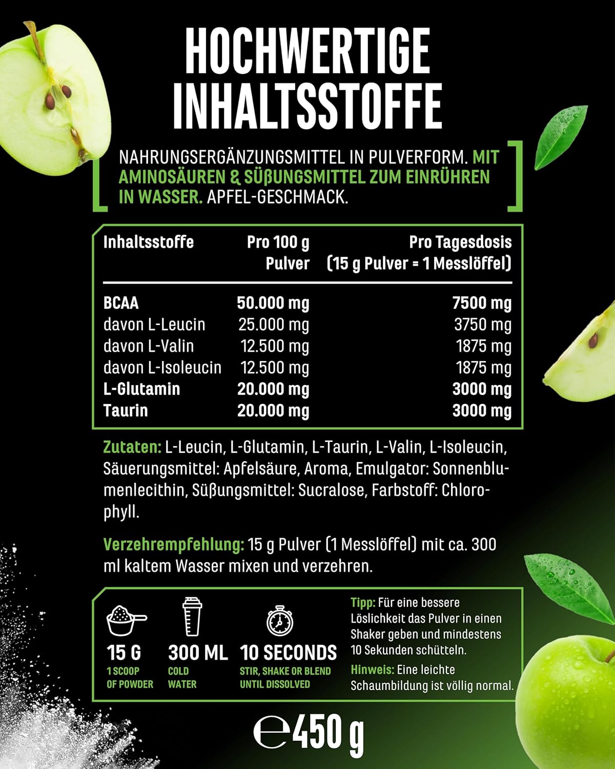 Thumbnail 5 de Advanced BCAA Pulver 450 g – 2:1:1 Aminosäuren mit L-Glutamin & Taurin, Sweet Apple