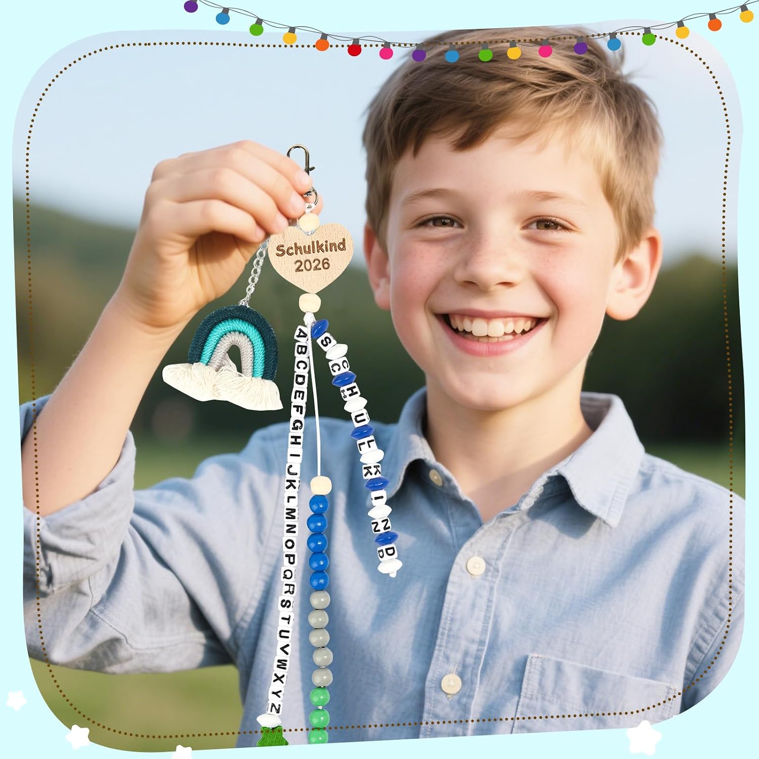 Detalle de KUPITM6 Rechenkette Geschenk Einschulung Junge – Glücksbringer Schulstart-Set mit Grußkarte und Geschenkbox