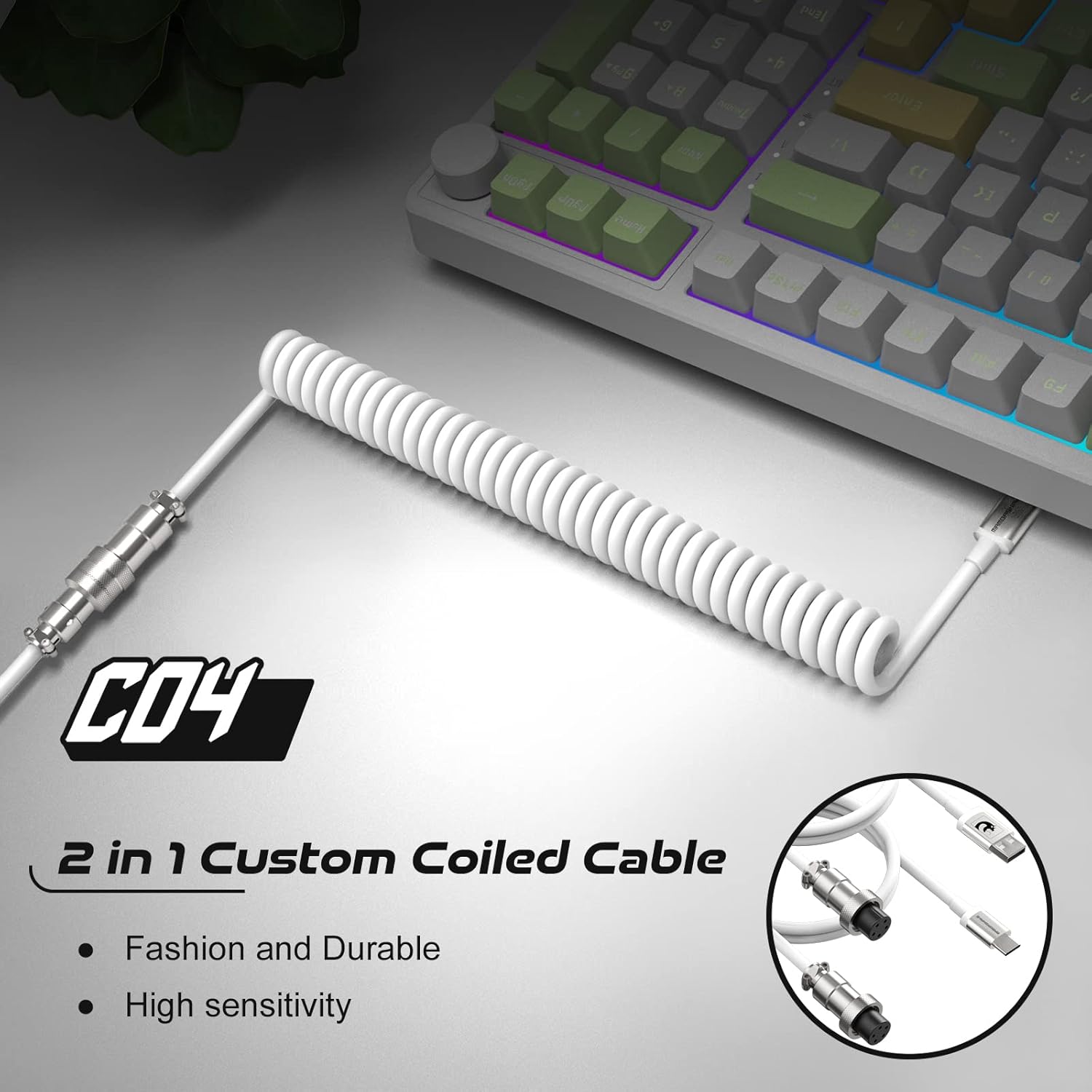 Detalle de ZIYOU LANG 2 in 1 Custom Coiled USB C to A and C Cable with Detachable Extendable Double Sleeve Spiral, Aviator Connector (White)