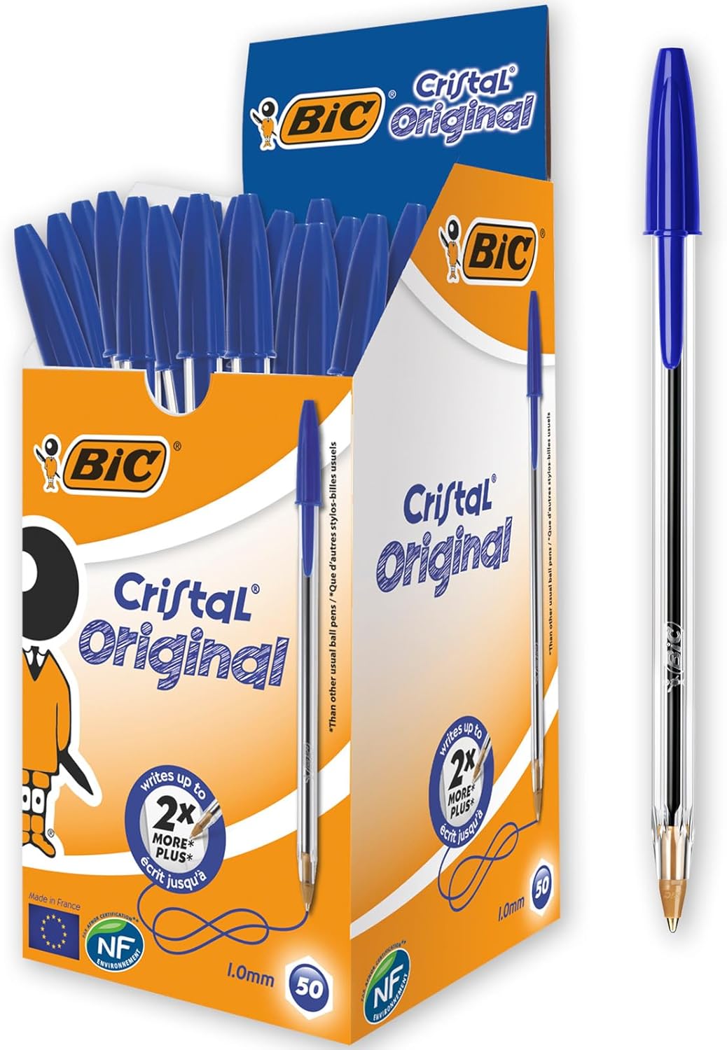 Detalle de BIC Cristal Original Kugelschreiber, 50er Großpackung – Blau, 0,32 mm Strichstärke, transparenter Schaft