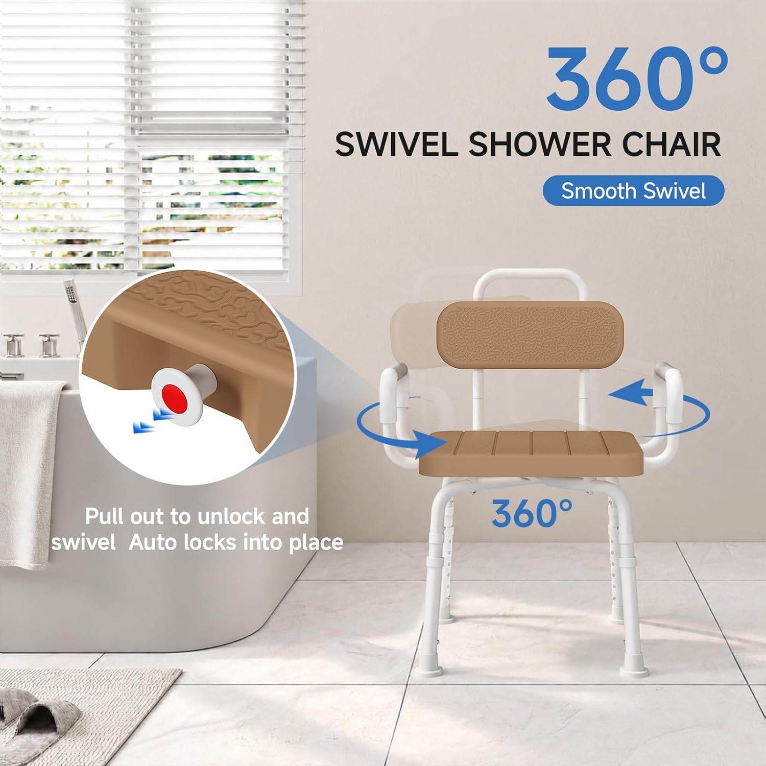 Detalle de Loyoda LSC017 Swivel Shower Chair with Adjustable Height and Removable Arms