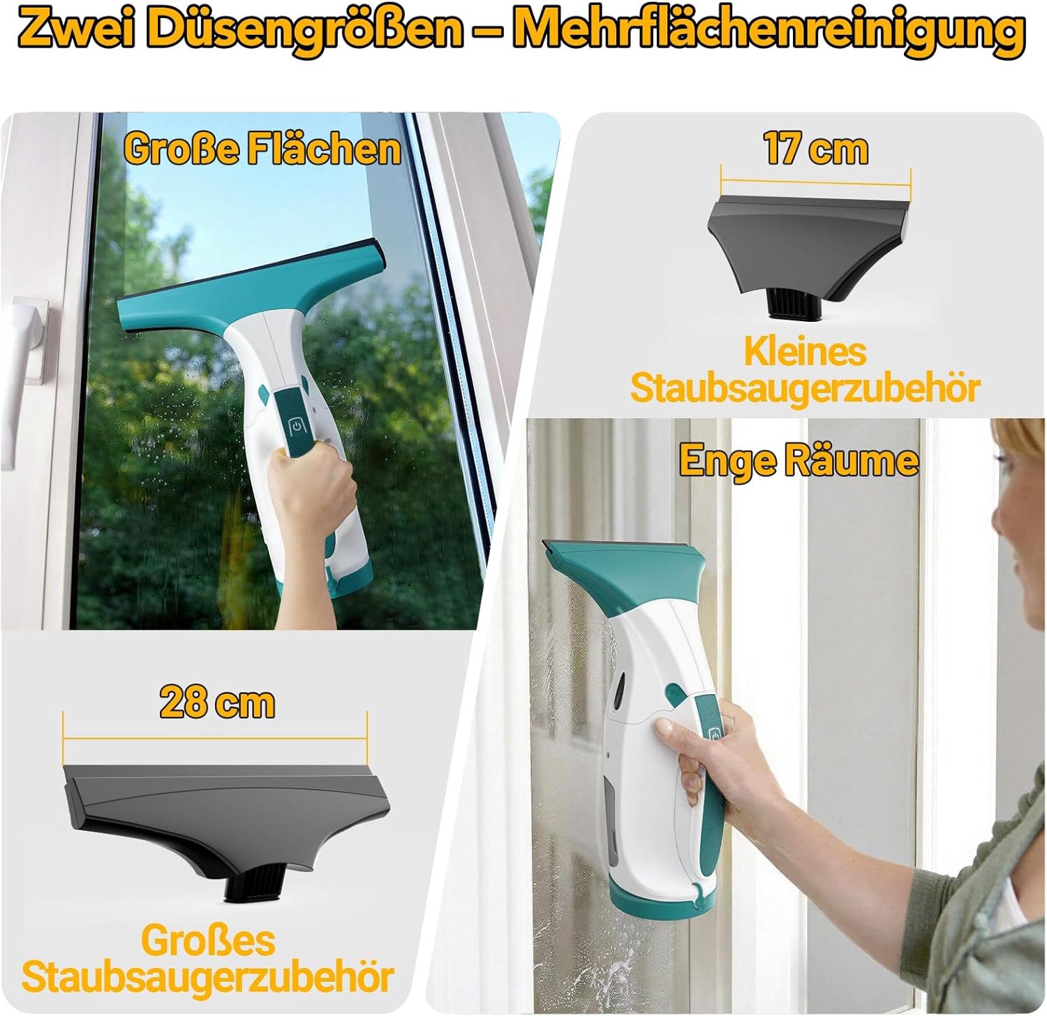 Thumbnail 2 de Fenstersauger mit 28 cm & 17 cm Doppelsaugdüsen – kabellos, 40 Minuten Laufzeit, 270 ml Wassertank
