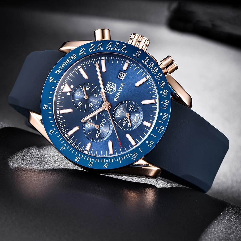 Detalle 2 de BENYAR Herrenuhr Analog Quarz Chronograph – 45 mm, 3 Hilfszifferblätter, Datum, Silikonband, Wasserdicht bis 3 ATM