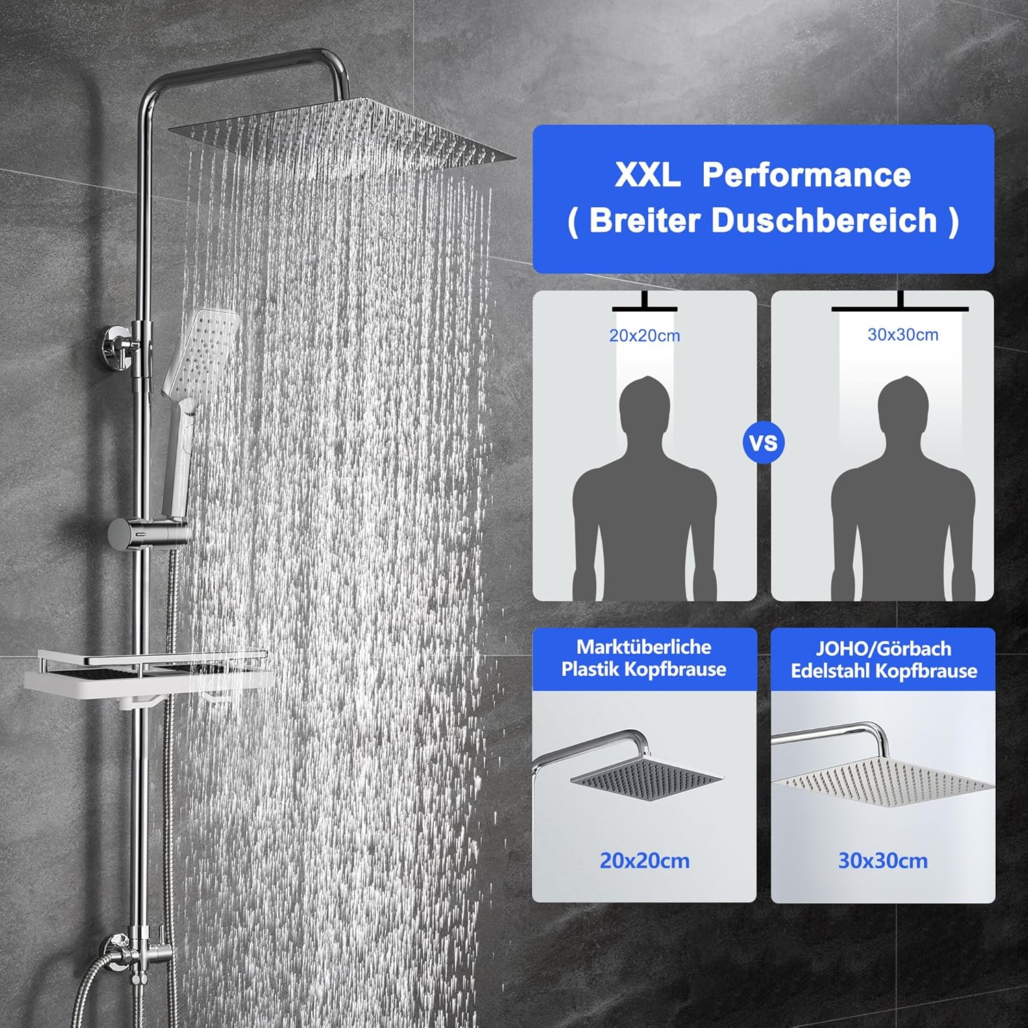 Detalle 2 de JOHO Edelstahl Duschsystem ohne Armatur – Regendusche mit 30x30 cm Kopfbrause, Ablage und verstellbarer Stange