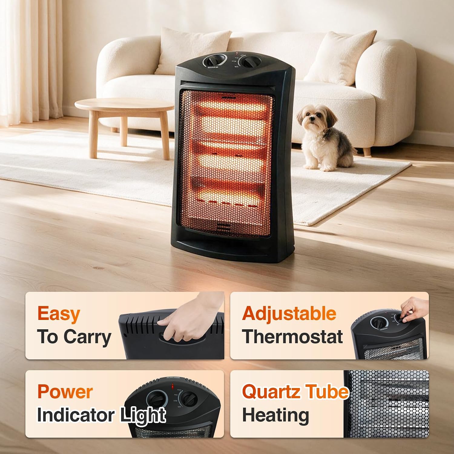 Detalle de Hykolity WHG-0607 1500W Quartz Tower Heater with 3 Heat Settings
