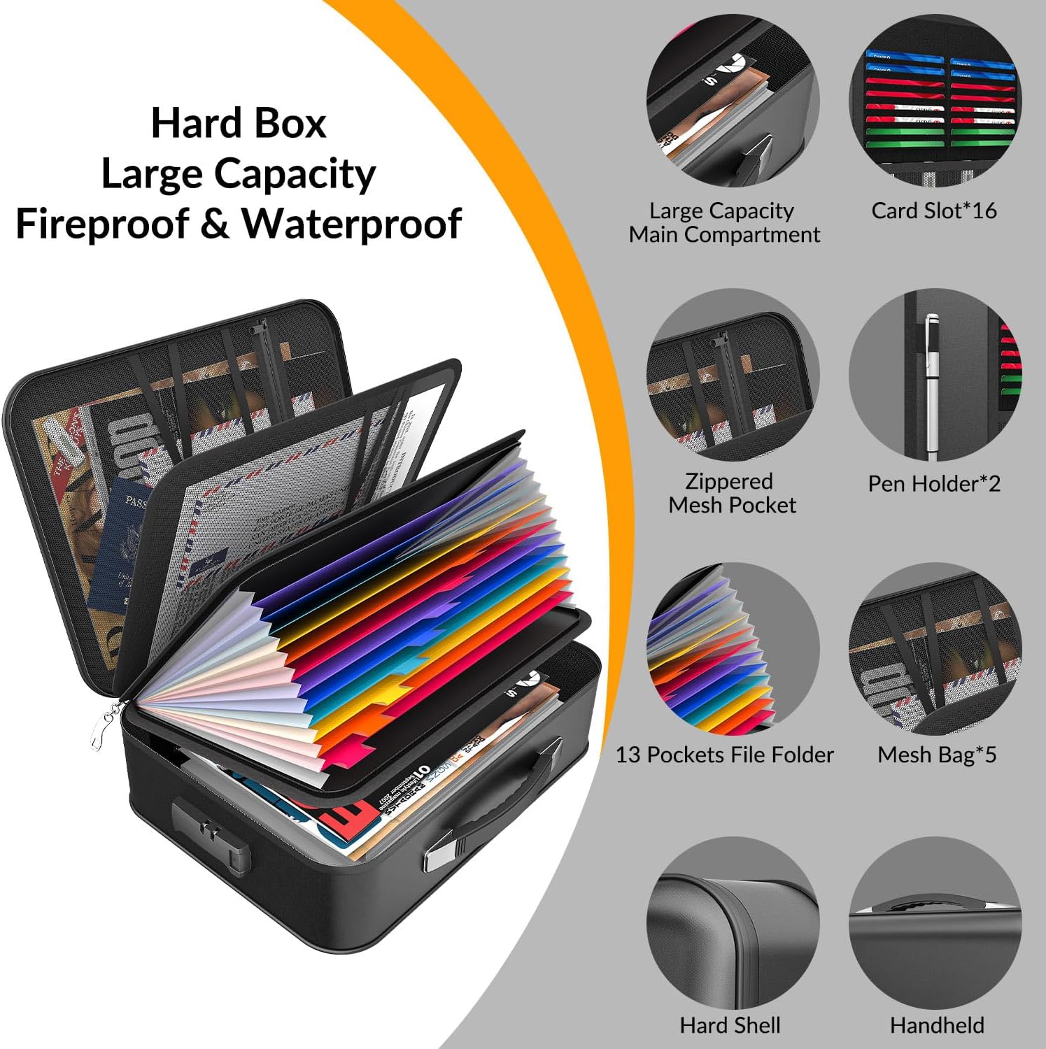 Detalle de onvvippiv WJB003-L Fire-Resistant Document Box, Locking Hard Shell, 13 Pockets