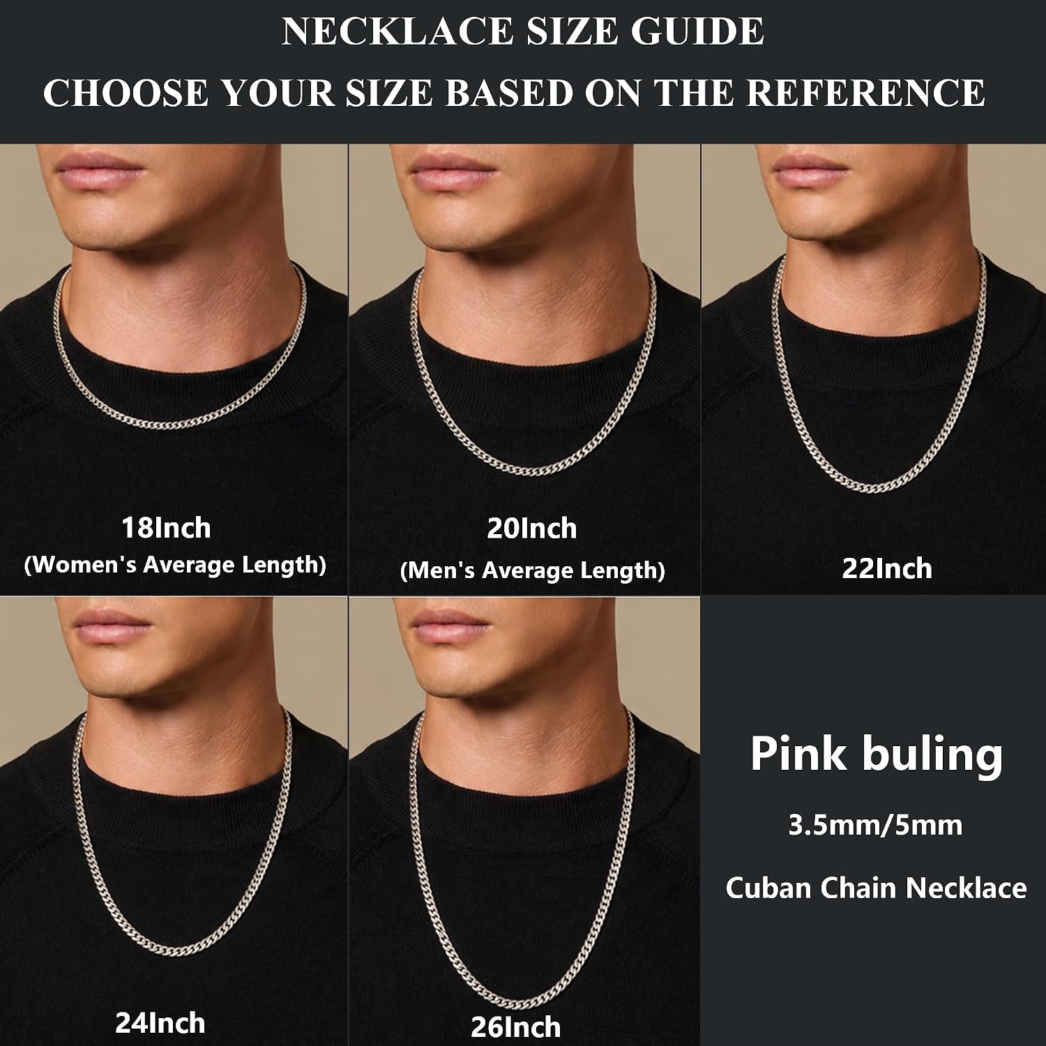 Detalle 2 de Pink buling 316L Stainless Steel Cuban Link Necklace, 3.5/5 mm, Silver or Gold