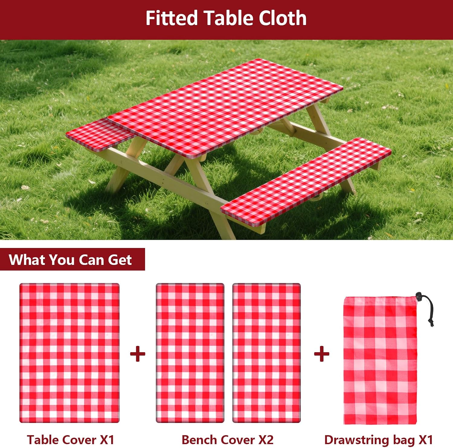 Detalle de KENOBEE 72in Picnic Table and Bench Cover Set, Red-White Checkered
