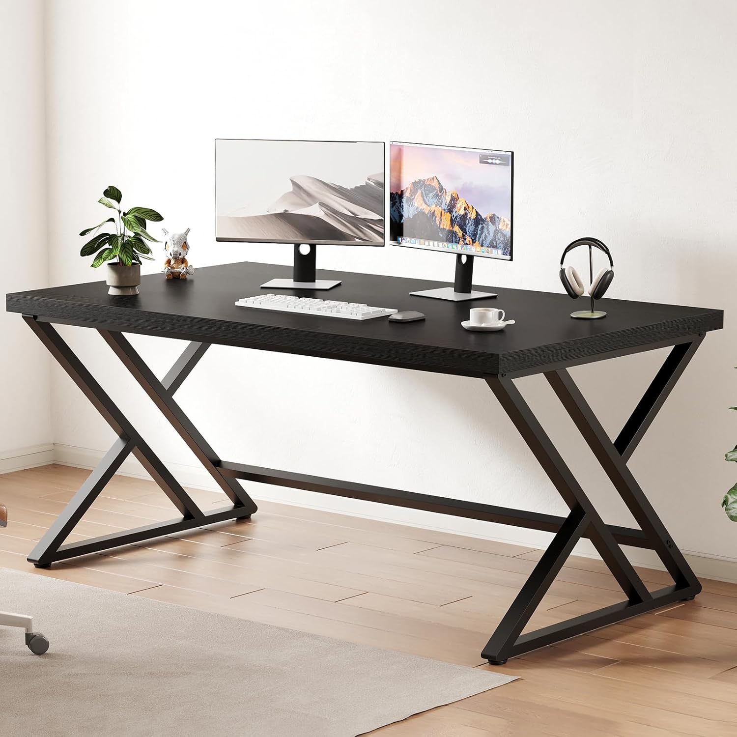 Detalle de LVB Scrivania lunga per computer – design industriale, 140 x 60 x 75,5 cm, nero