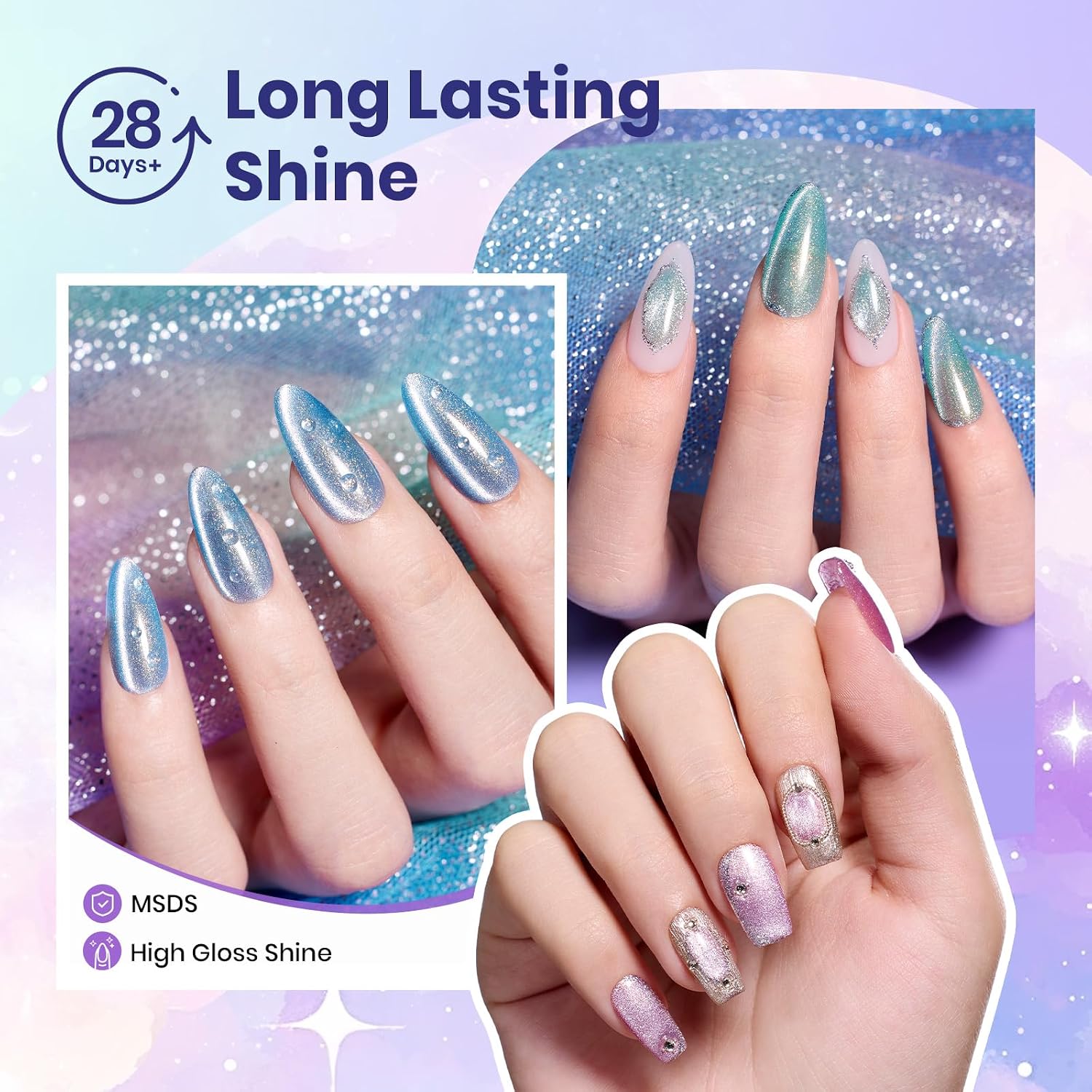 Detalle de Beetles Romantic Galaxy Cat Eye Gel Nail Polish Set (6 Colors) — UV/LED Glitter & Velvet Magnet Finish