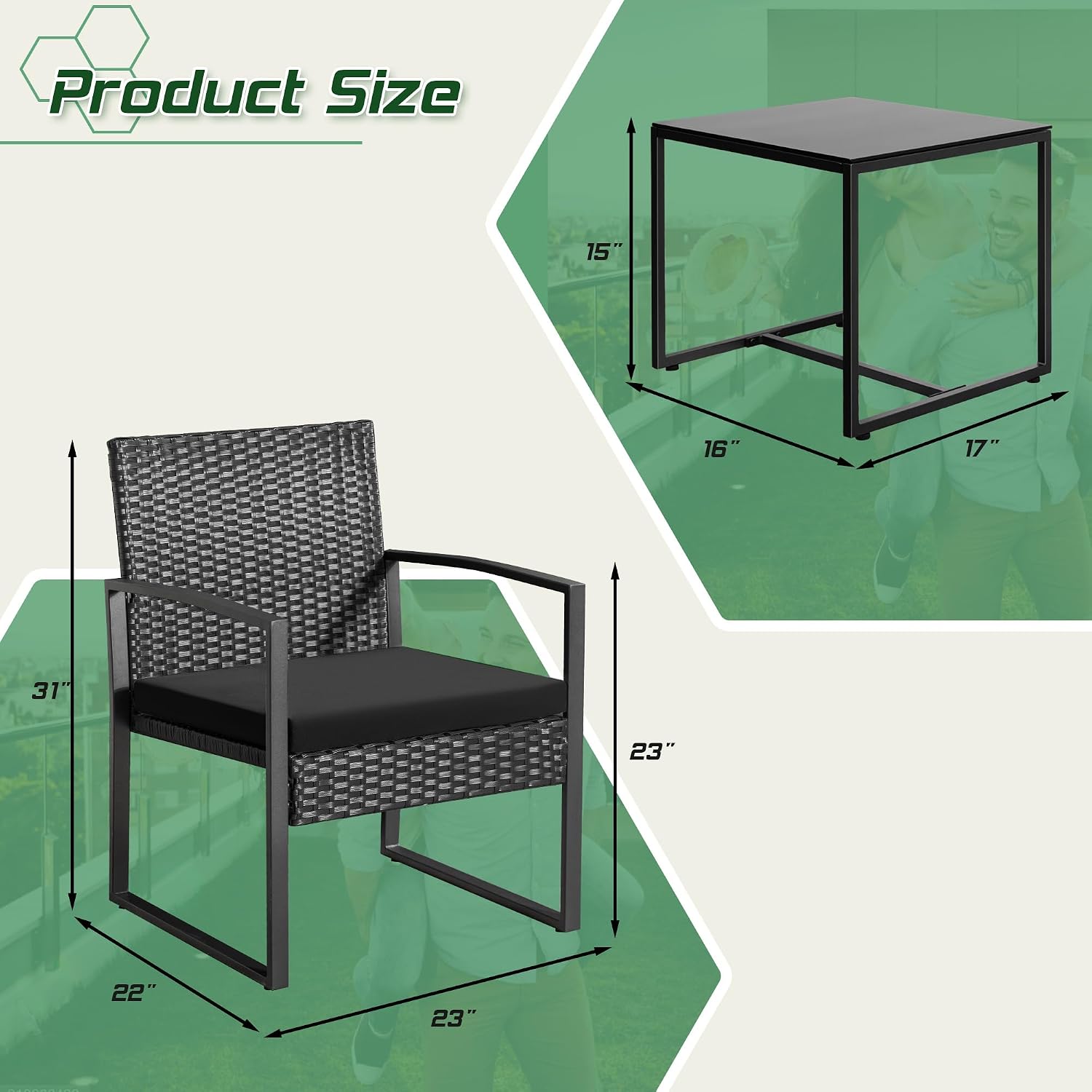 Thumbnail 6 de Homall H813S0 3-Piece PE Wicker Bistro Set with Cushioned Chairs