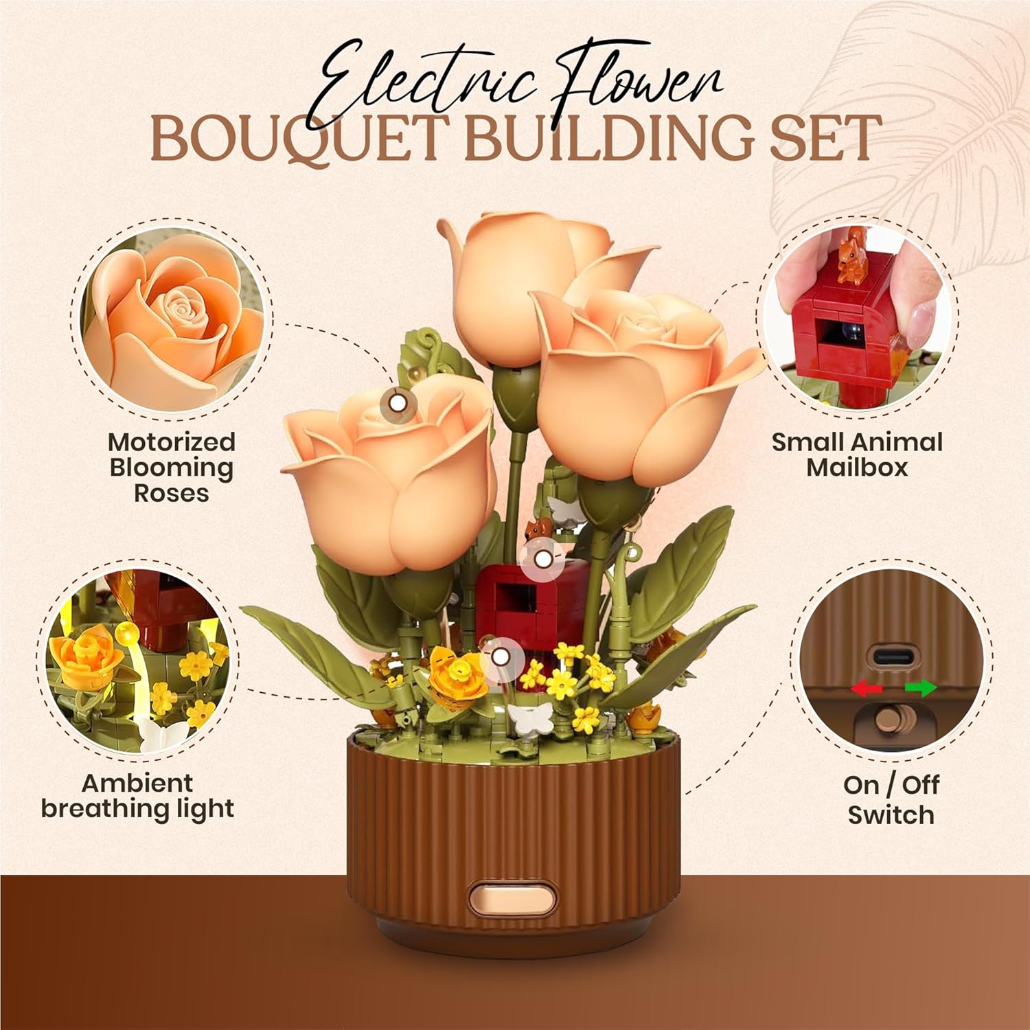 Detalle 2 de Bakuva Rose Flower Blocks Set with LED Light