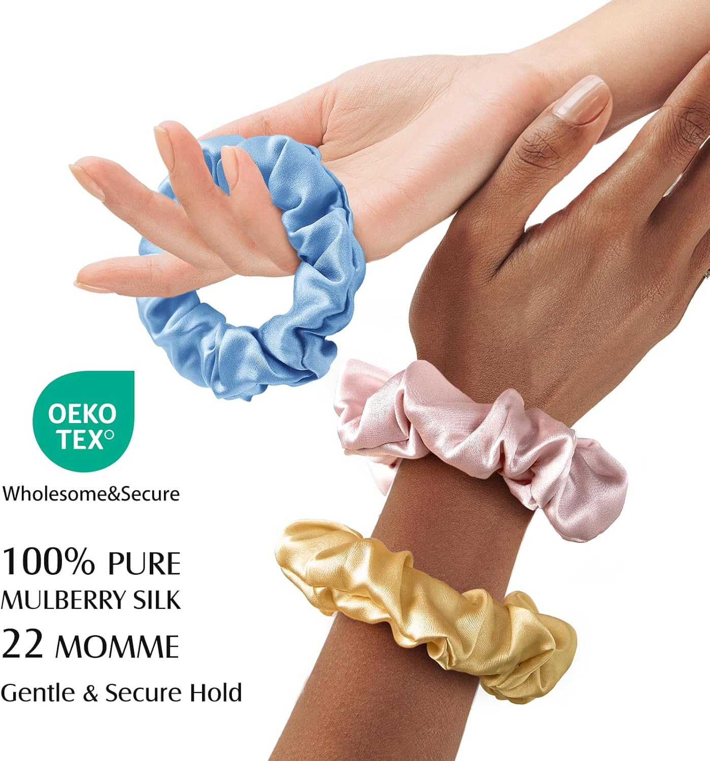 Detalle de Umisleep: Set di 3 scrunchies in seta 100% per capelli morbidi e senza pieghe