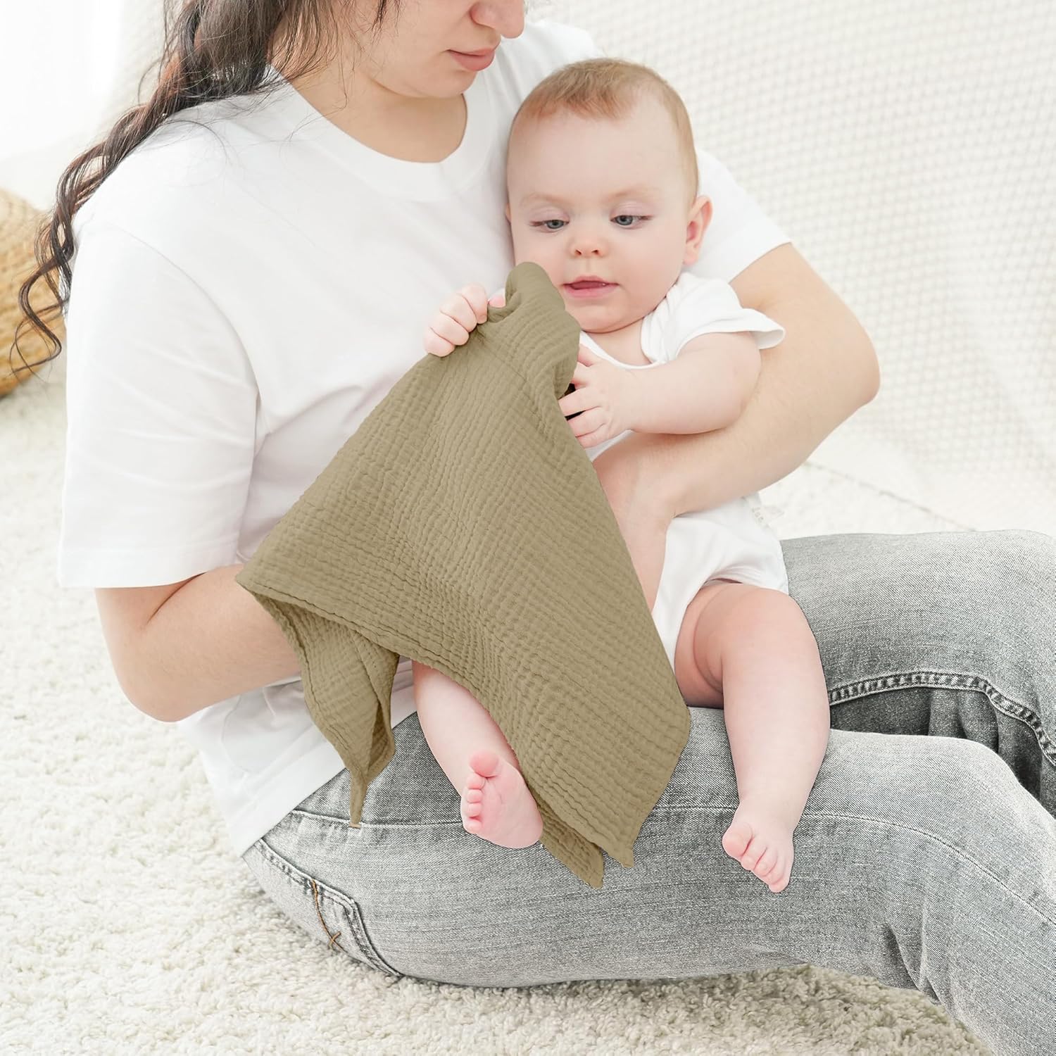 Detalle de Bearmoss Langes Coton BéBé – Lot de 6 lingettes en mousseline 60x60 cm, absorbantes et respirantes