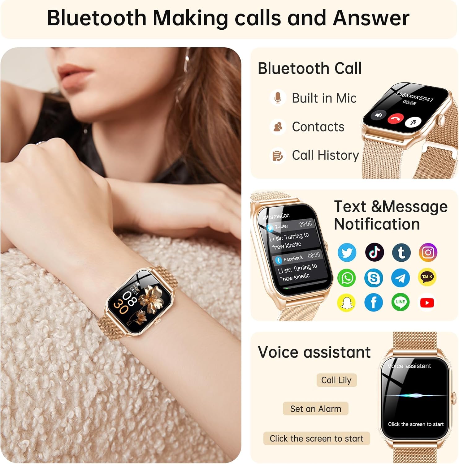 Thumbnail 1 de taopodo Smartwatch Damen mit Telefonfunktion (1,85" Touchscreen) Fitness Tracker in Roségold – IP68