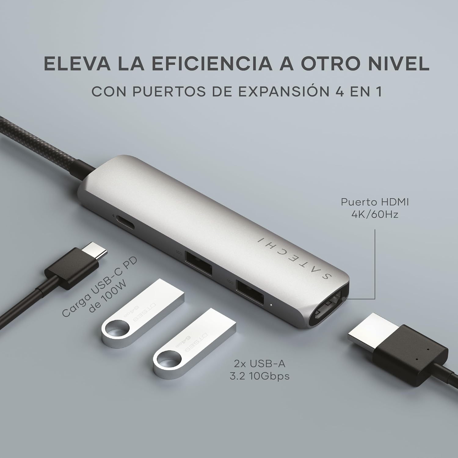 Detalle 2 de SATECHI Hub USB C 4 en 1 Slim Plus 🌐, HDMI 4K, 100W Carga